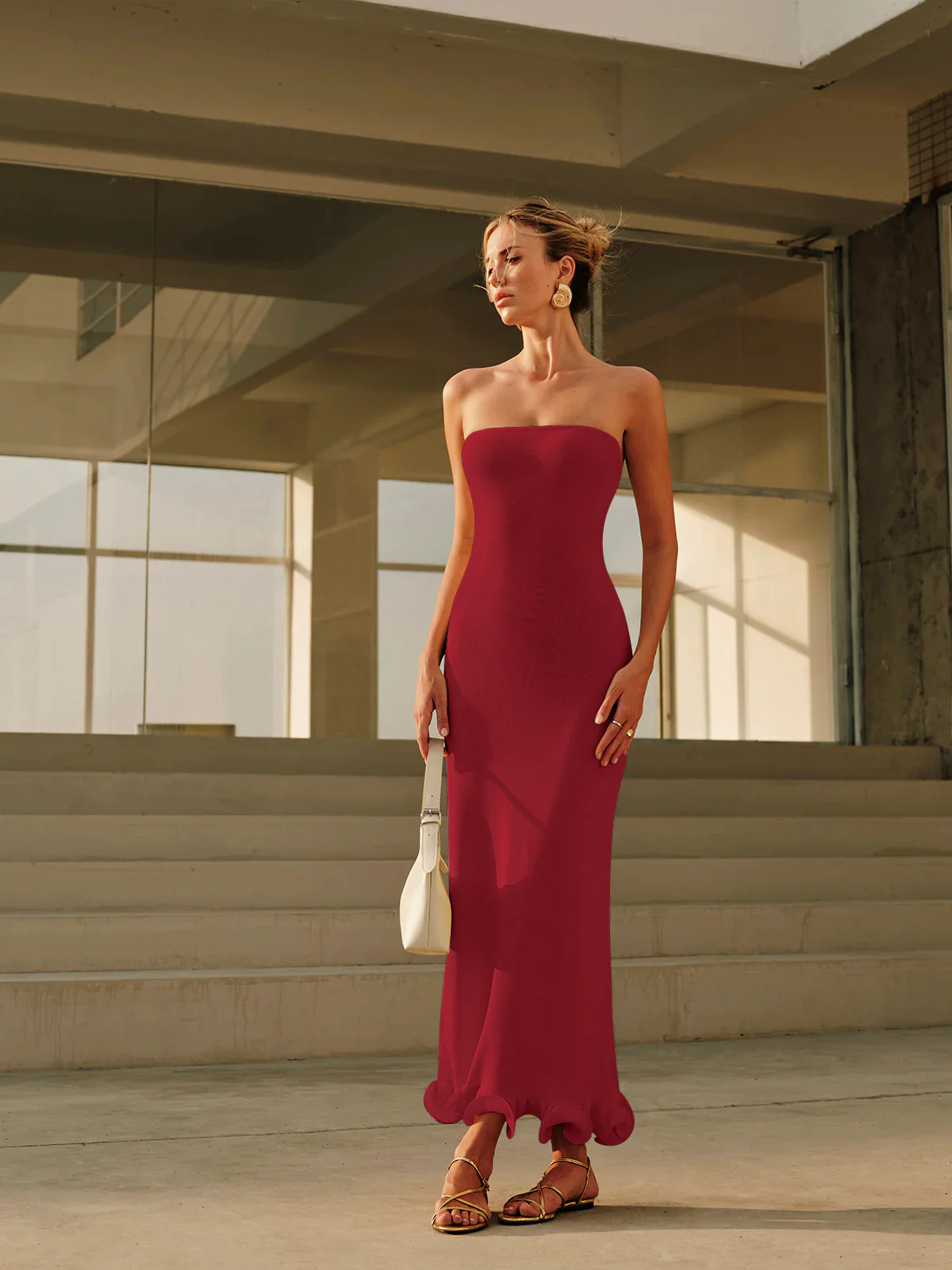 Cold-Shoulder Knit Ruffle Dress - Takermore