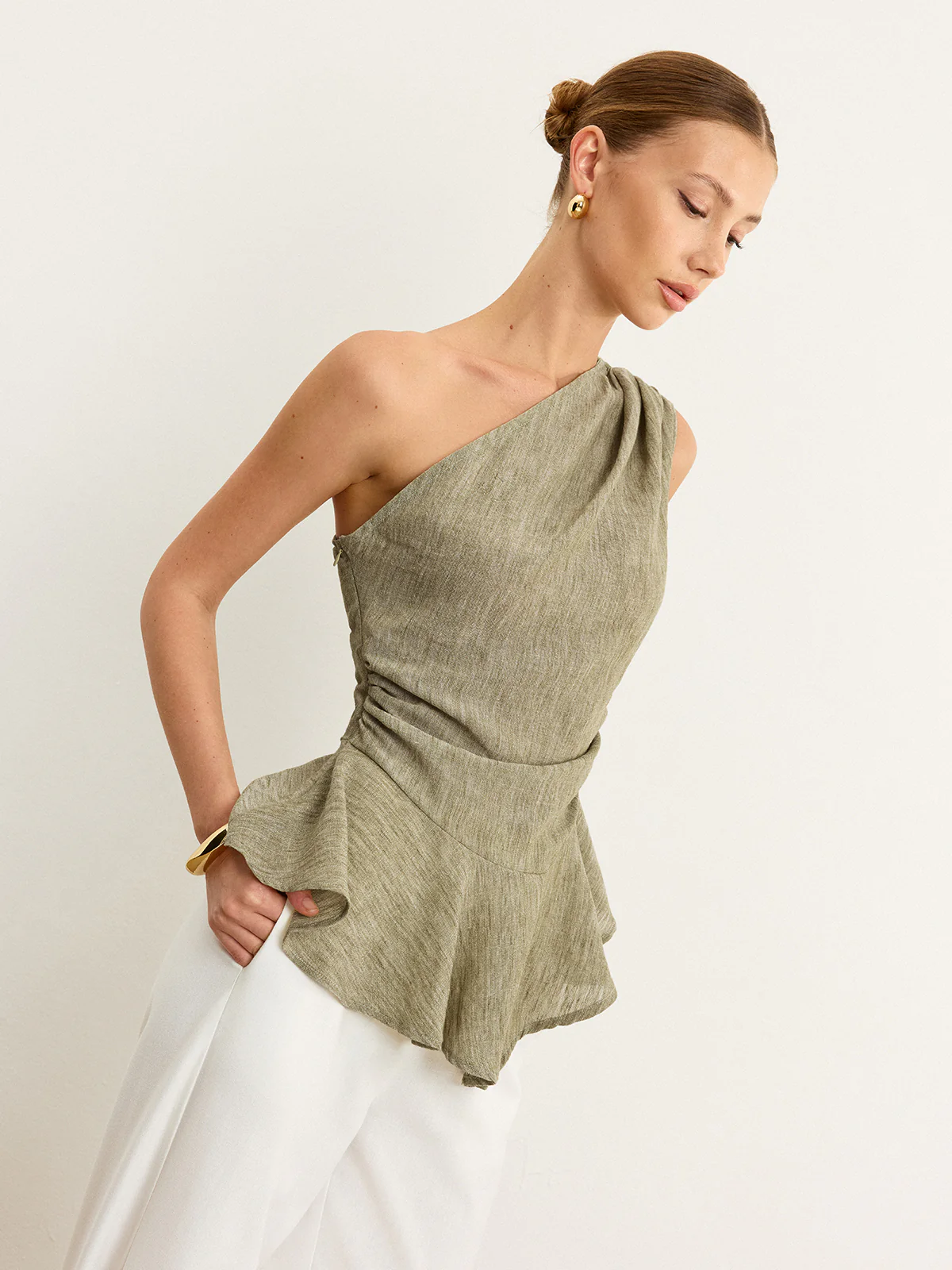 Asymmetrical One-Shoulder Top with Ruffle Hem - Takermore