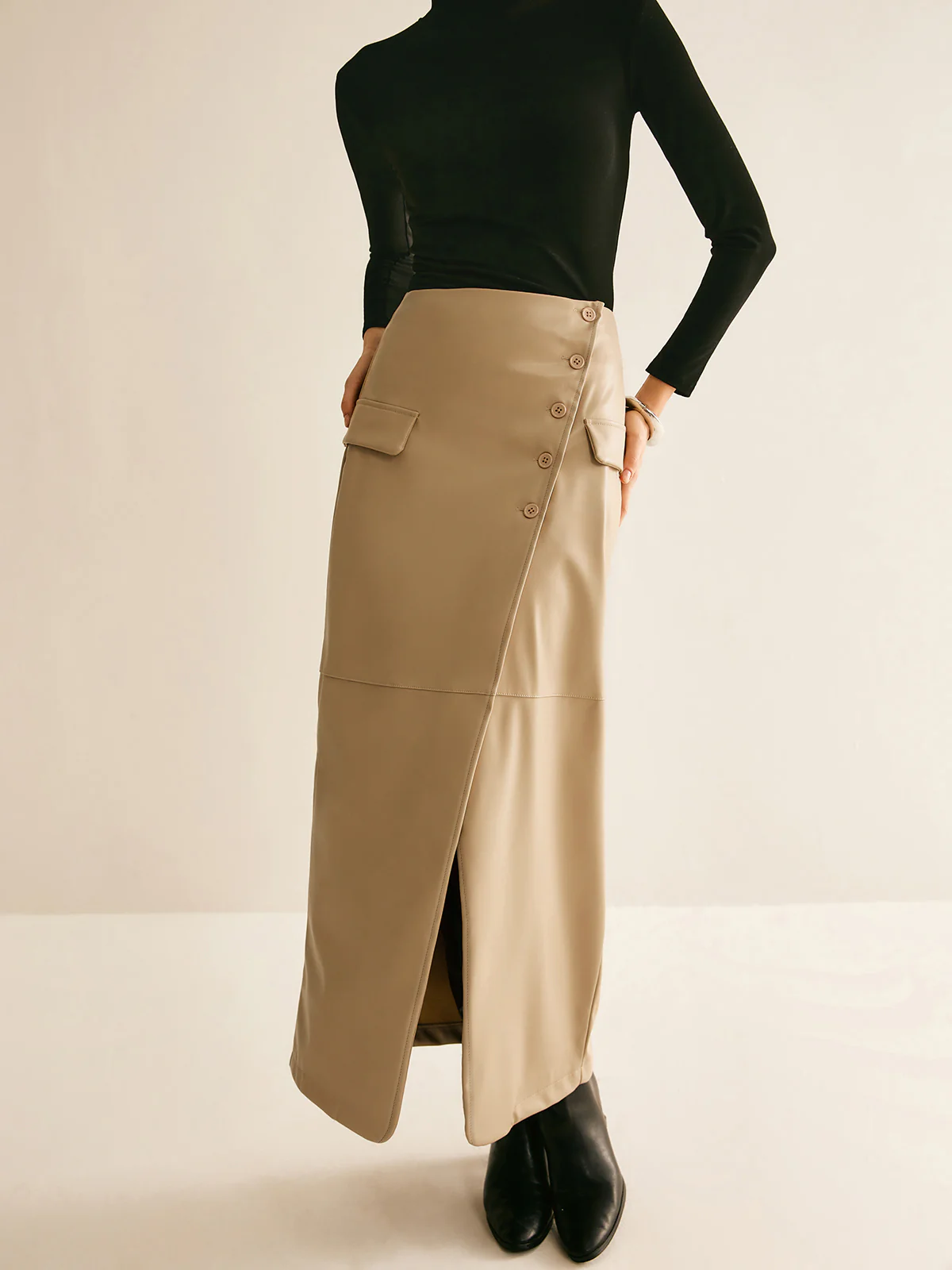 Asymmetrical Button Faux Leather Skirt - Takermore