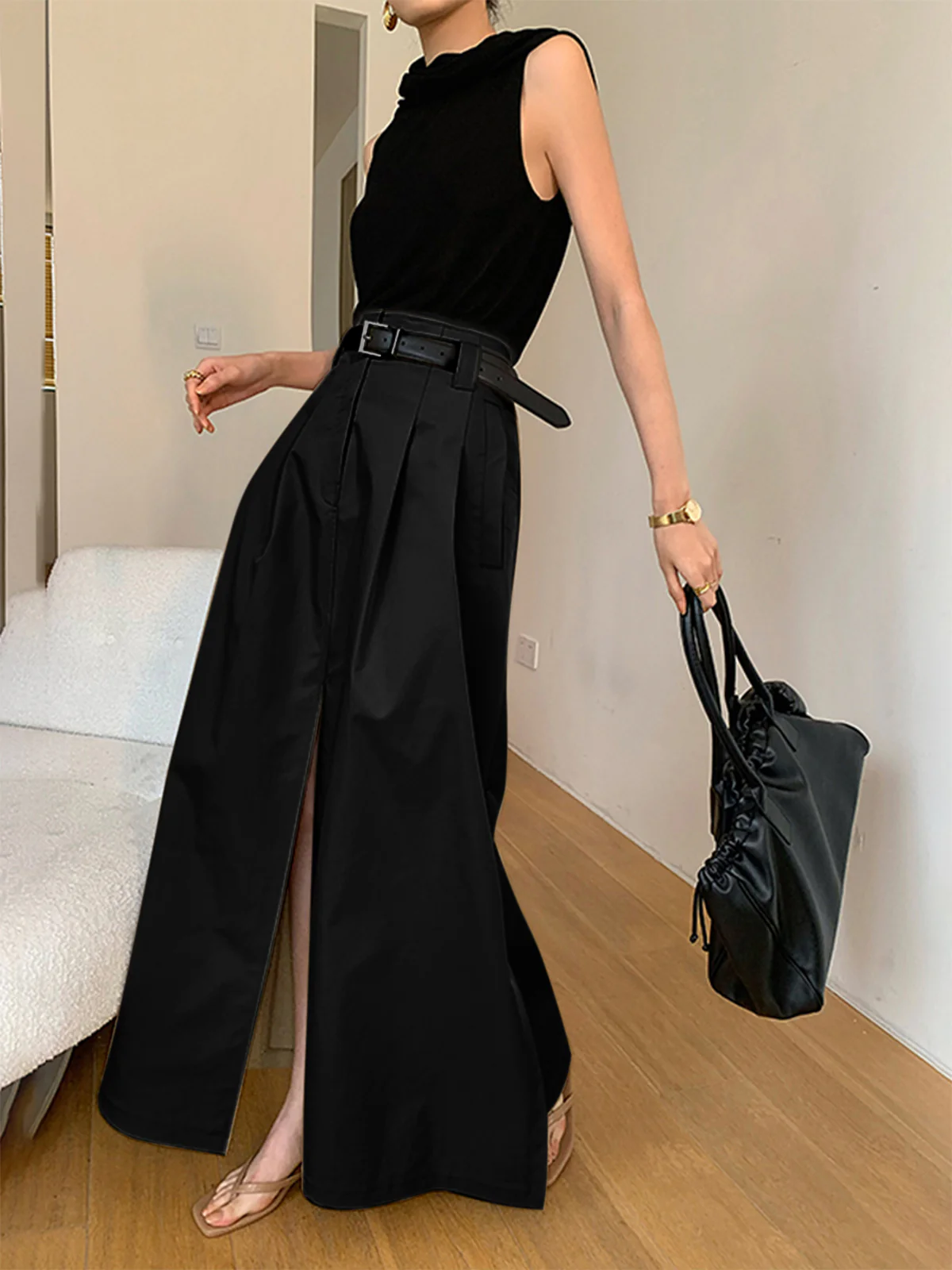 Oversized Cotton Split Maxi Skirt Without Belt - Takermore
