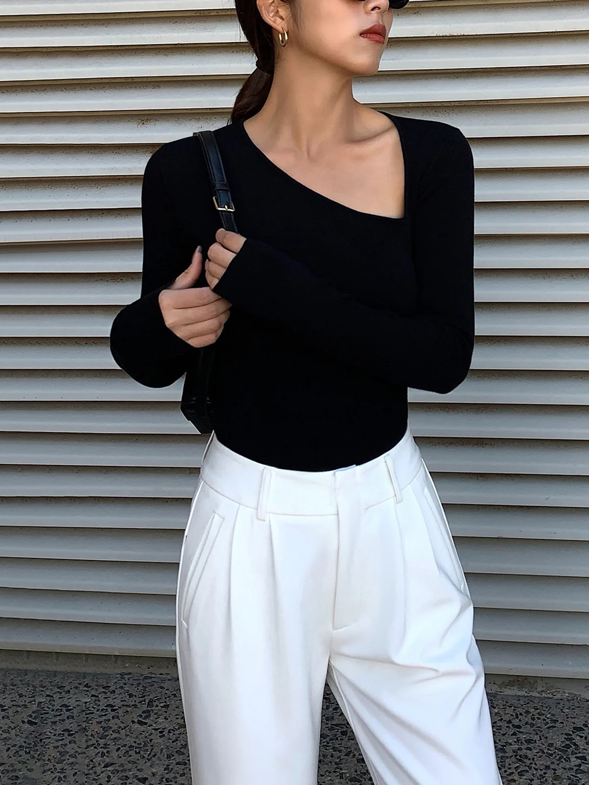 Asymmetrical Plain Long Sleeve T-Shirt - Takermore