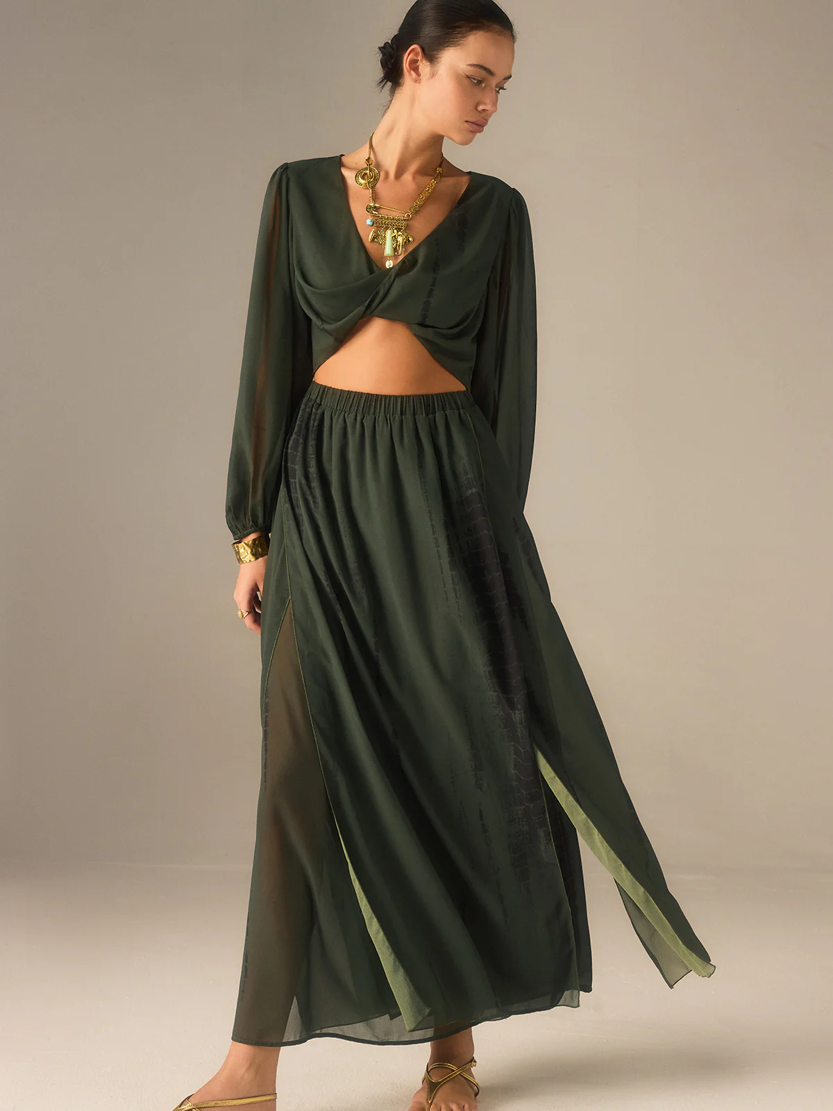 Chiffon Crop Top and Slit Maxi Skirt Set - Takermore