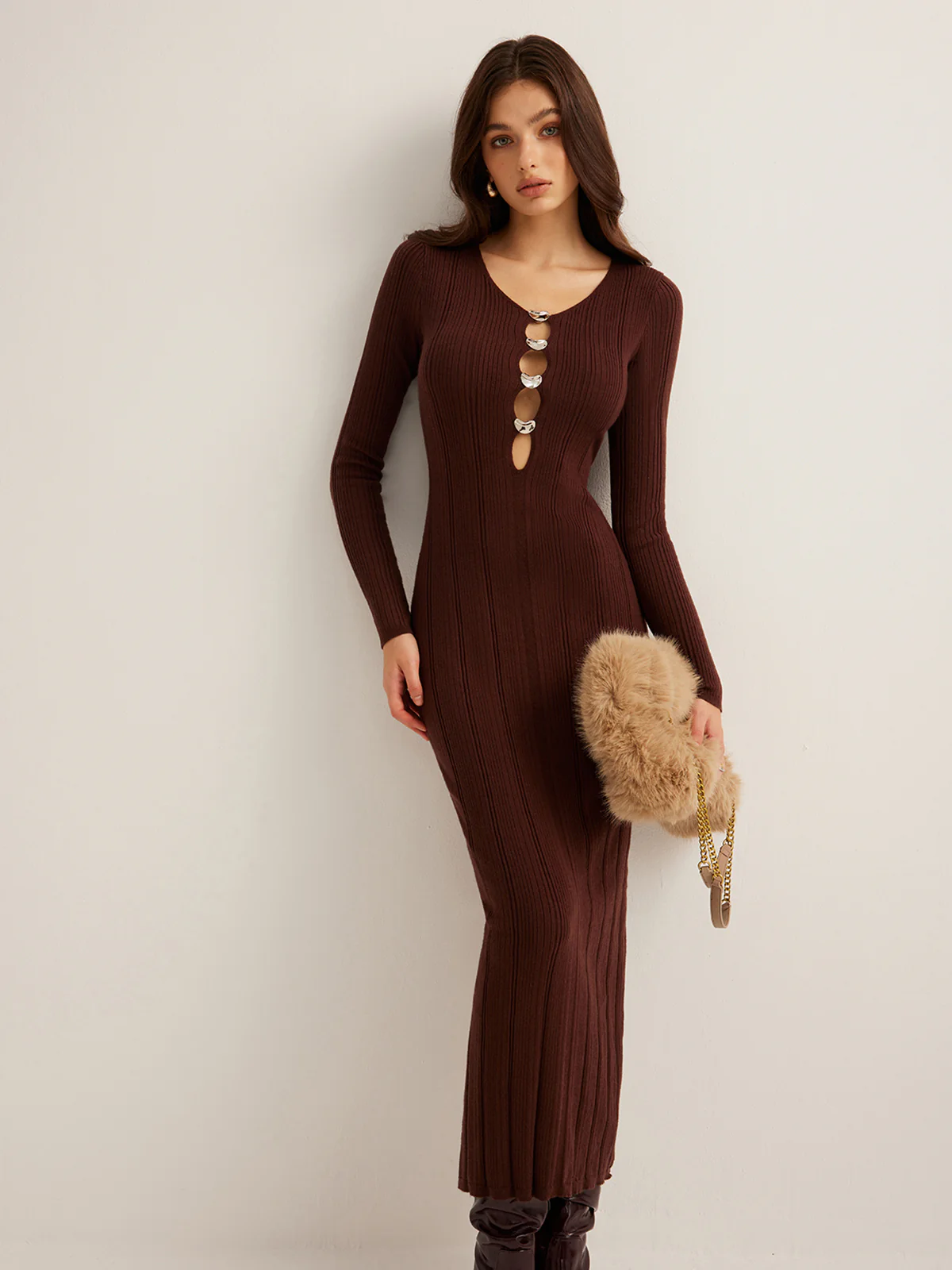 Cutout Slim Sweater Long Dress - Takermore