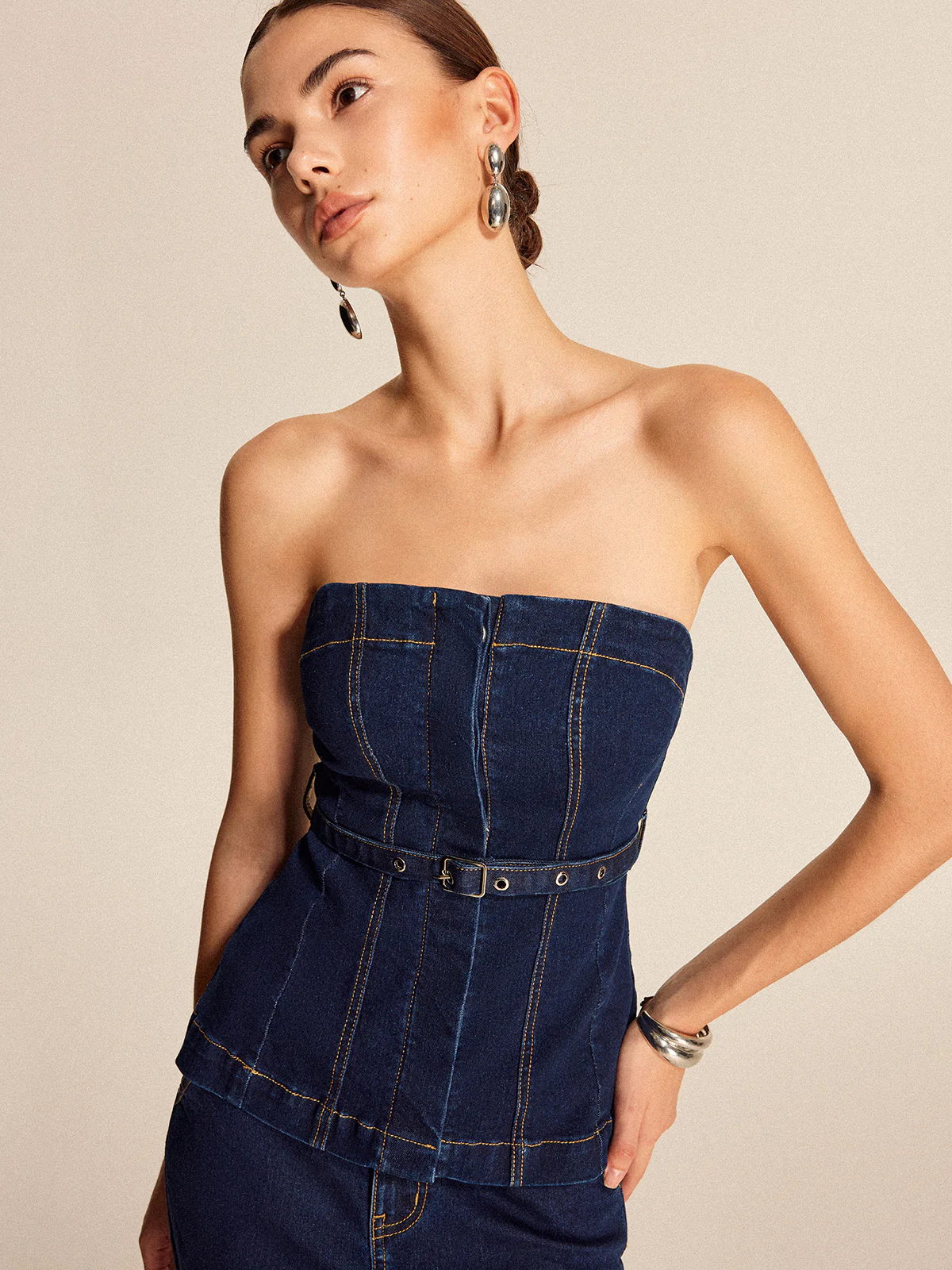 Denim Strapless Top With Belt - Takermore