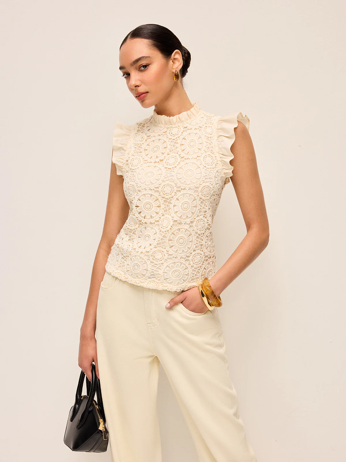 Sleeveless Crochet Lace Top With Ruffle Trim - Takermore