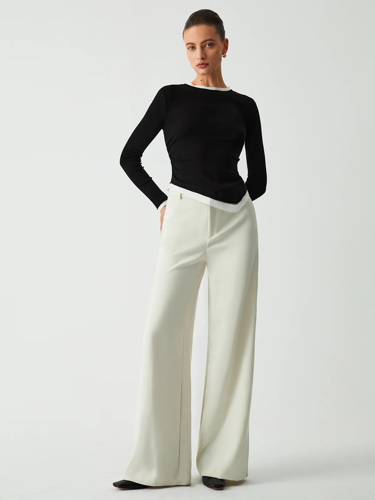 Asymmetric Hem Contrast Trim Long Sleeve Shirt - Takermore