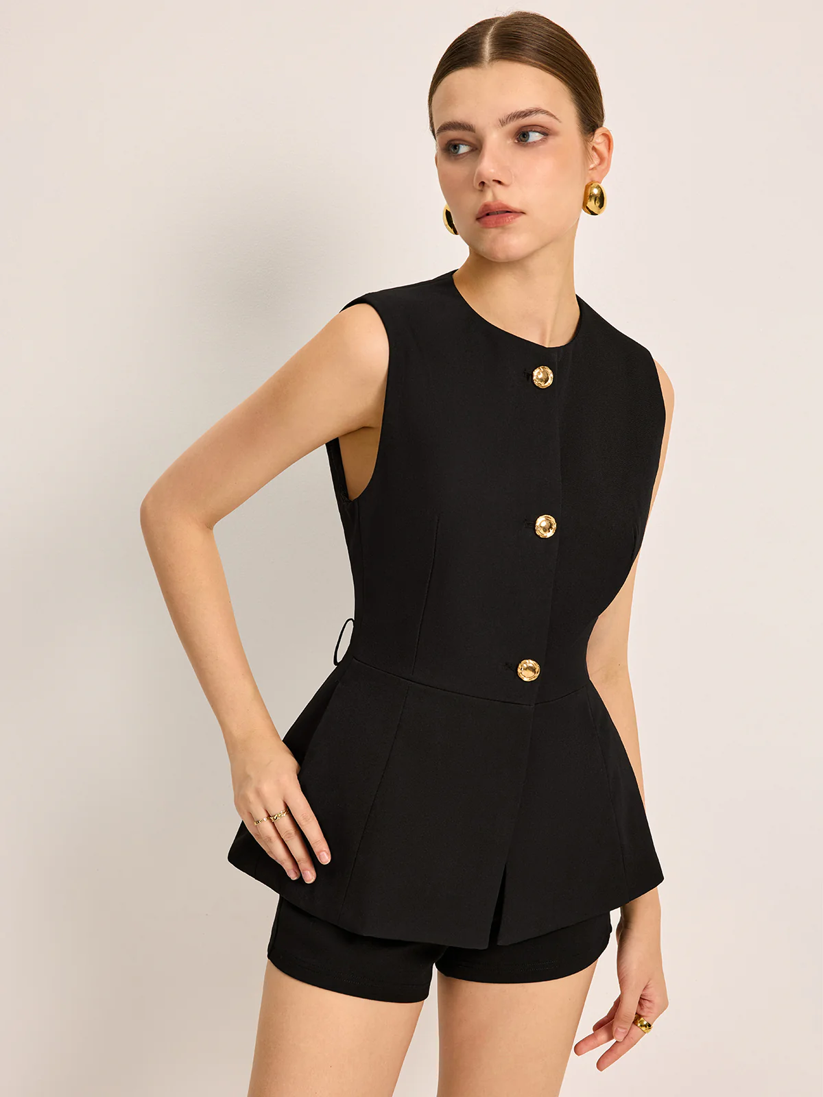 Button Detail Pockets Top With Belt - Takermore
