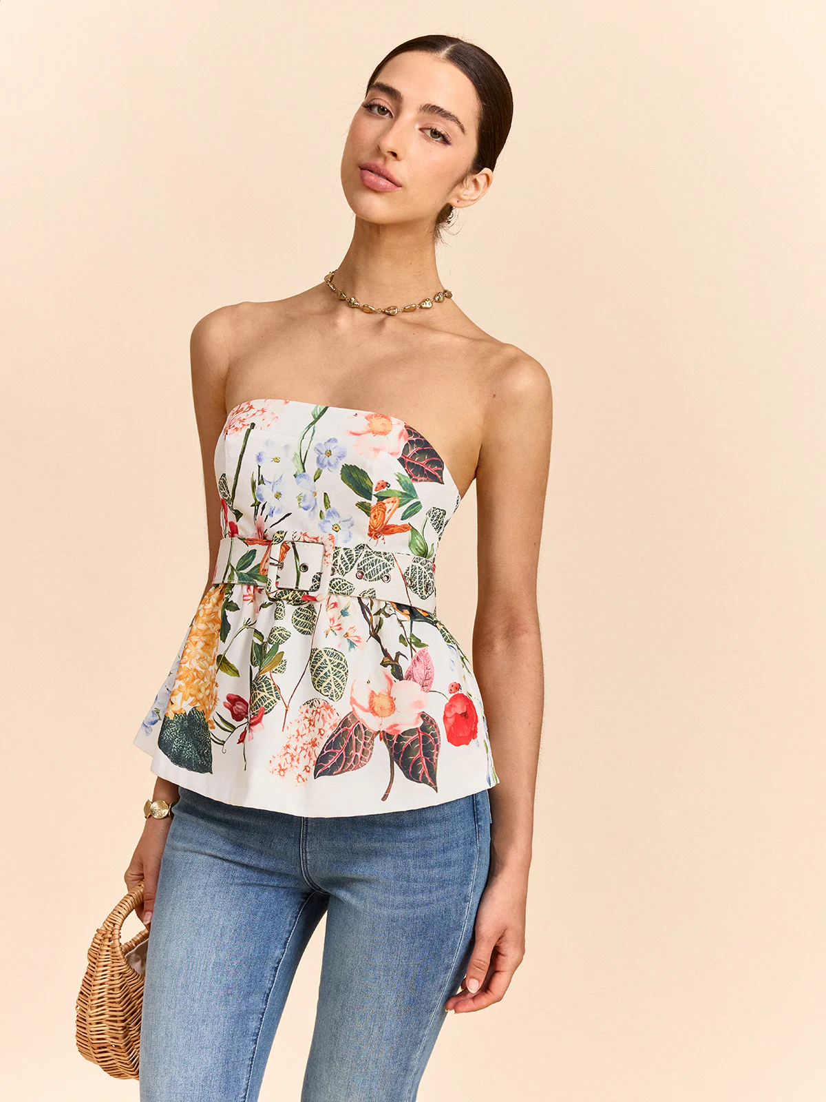 Floral Print Strapless Peplum Top With Belt - Takermore
