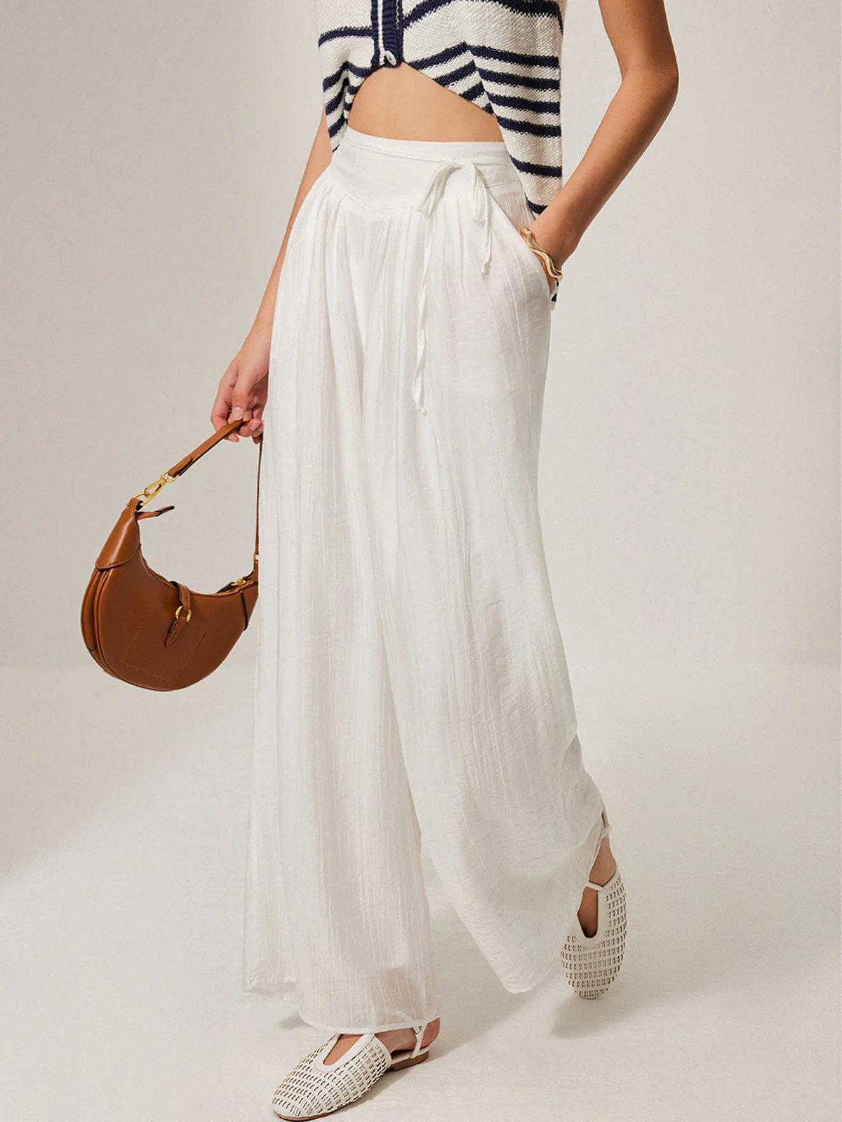 Mid-Waist Pocket Detail Tie Pants - Takermore