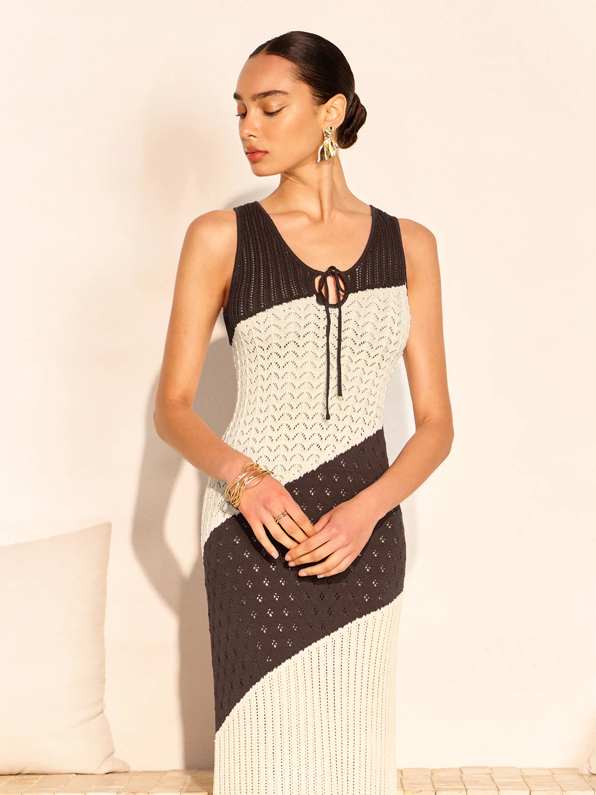 Two-Tone Crochet Front Tie Knit Dress - Takermore