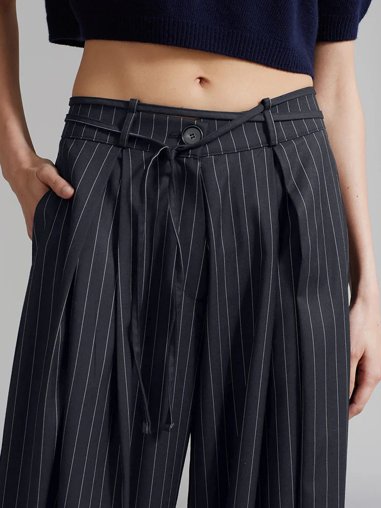 Drawstring Pinstripe Wide-Leg Pants - Takermore