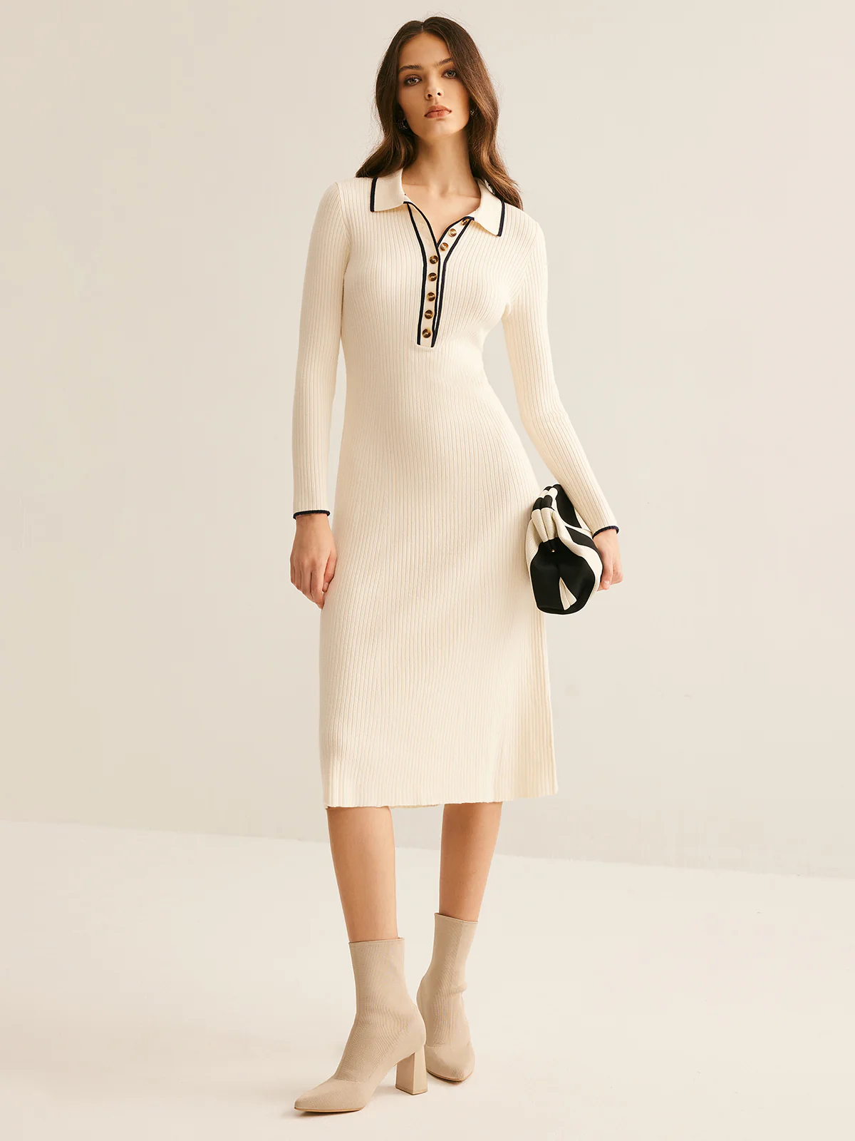 Contrast Trim Lapel Sweater Dress - Takermore