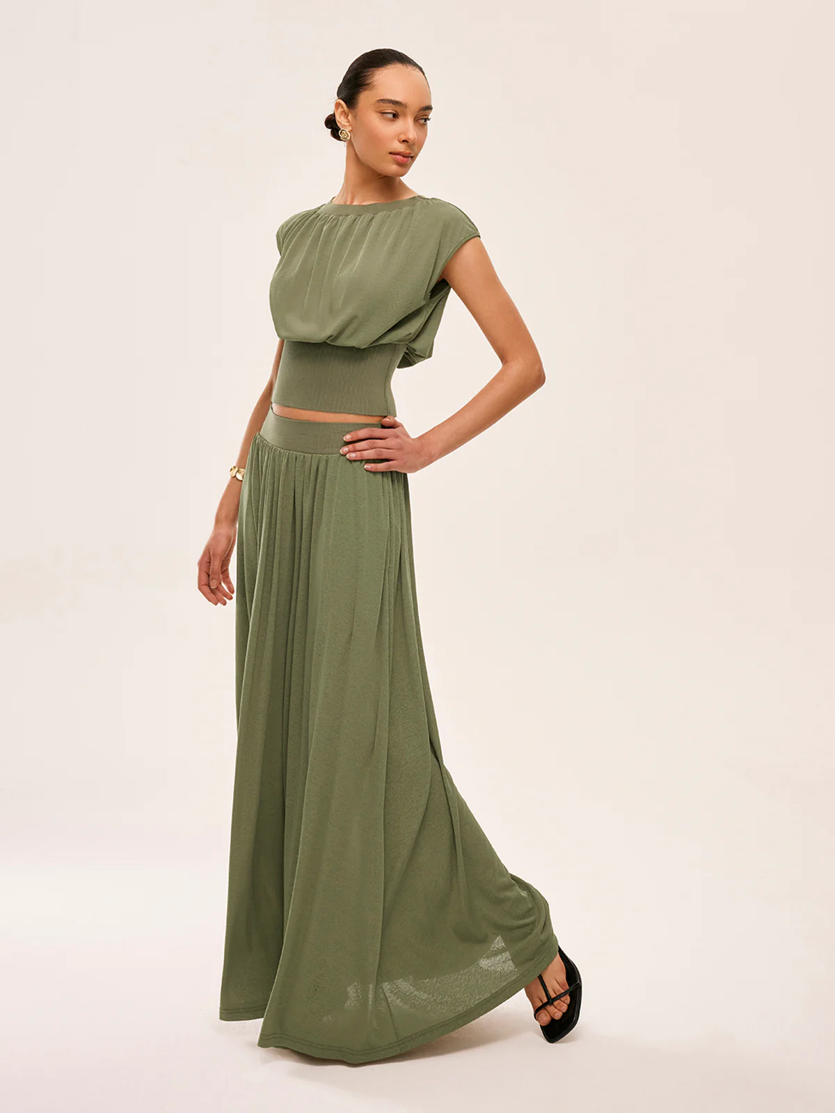 Gathered Waist Top With Flowy Skirt Set - Takermore