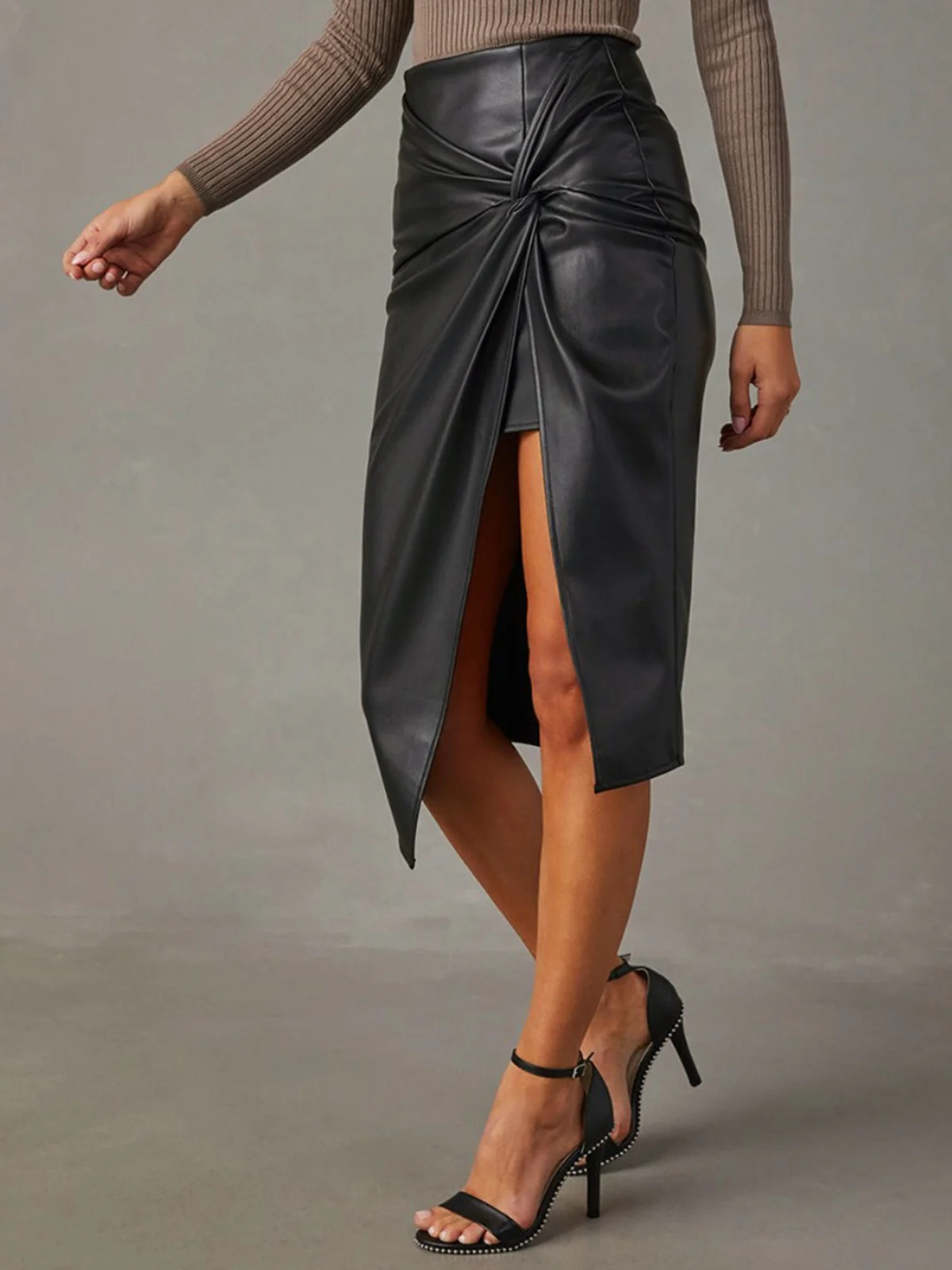 Knotted Slit Faux Leather Skirt - Takermore