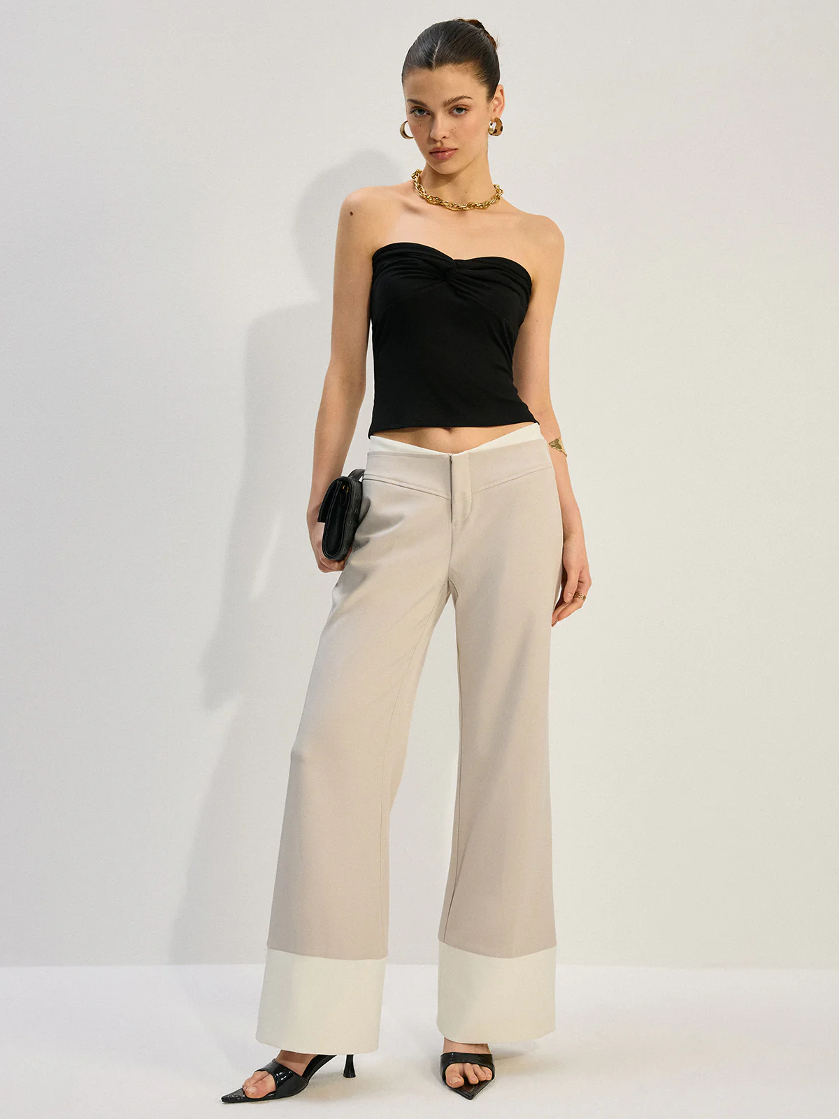 Wide-Leg Low-Rise Pants with Colorblock Hem - Takermore