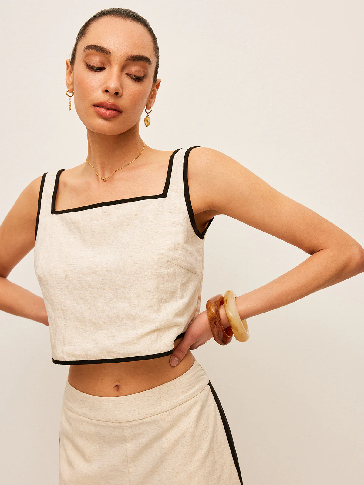 Cotton & Linen Contrast Trim Square-Neck Tank Top - Takermore