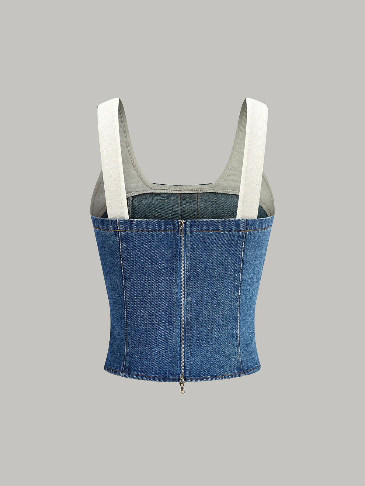 Denim Panel Contrast Strap Corset Top - Takermore