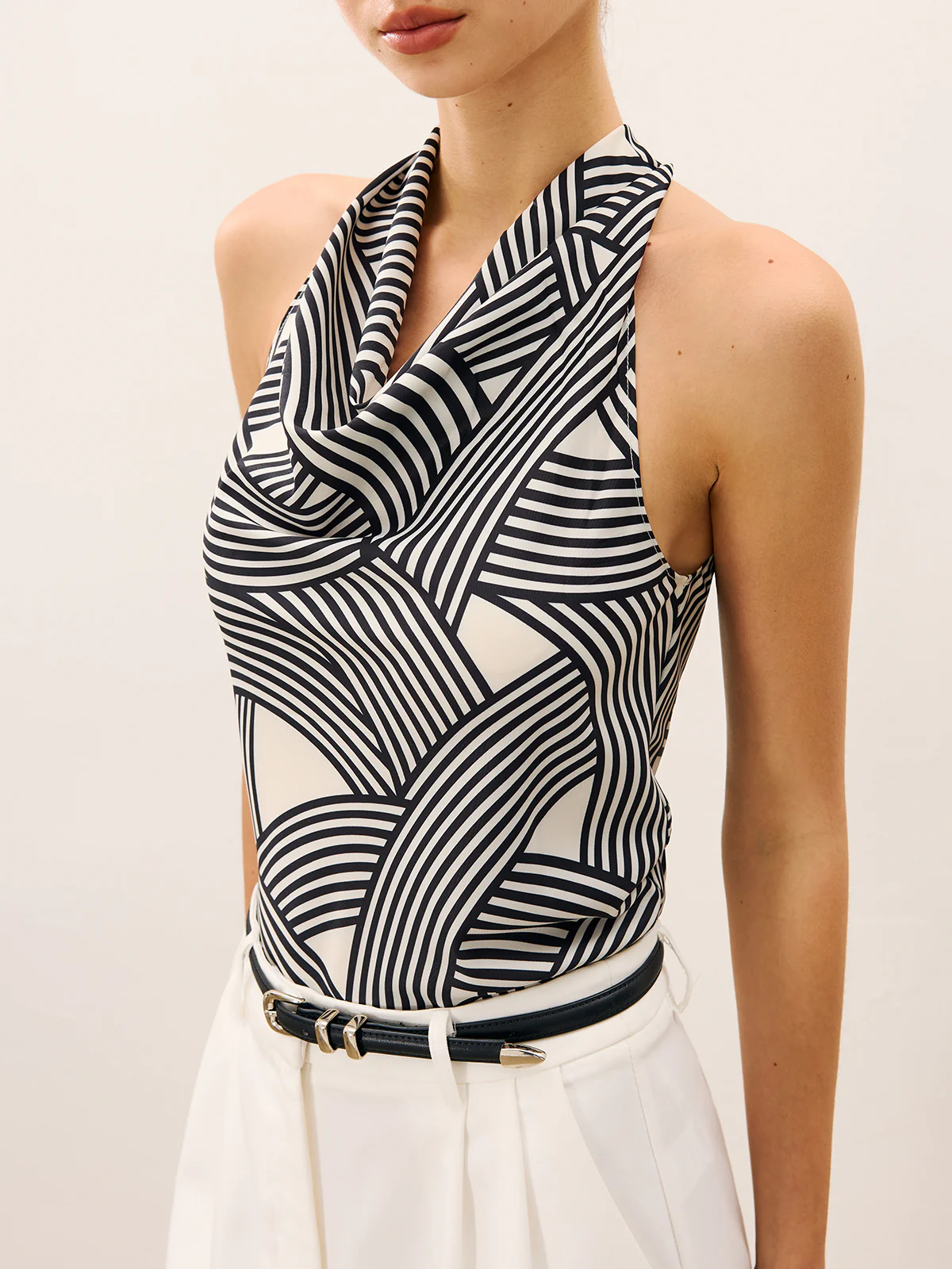 Abstract Stripe Print Cowl Neck Halter Top - Takermore