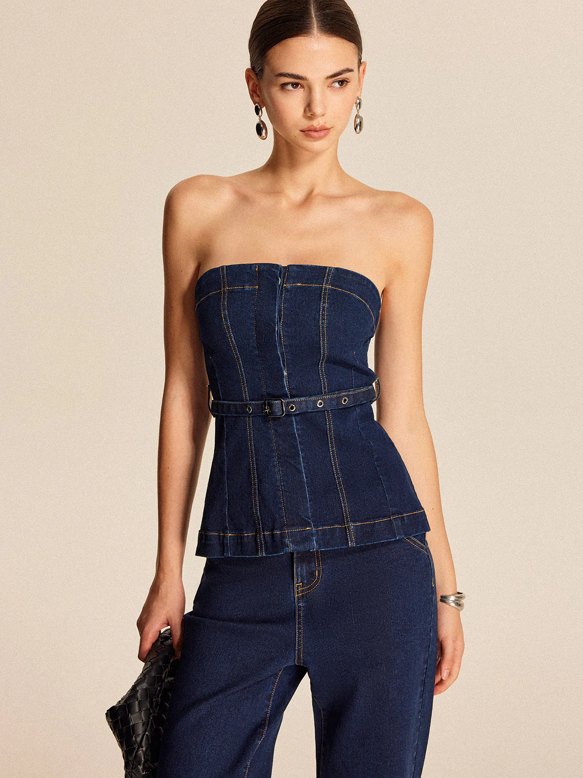 Denim Strapless Top With Belt - Takermore