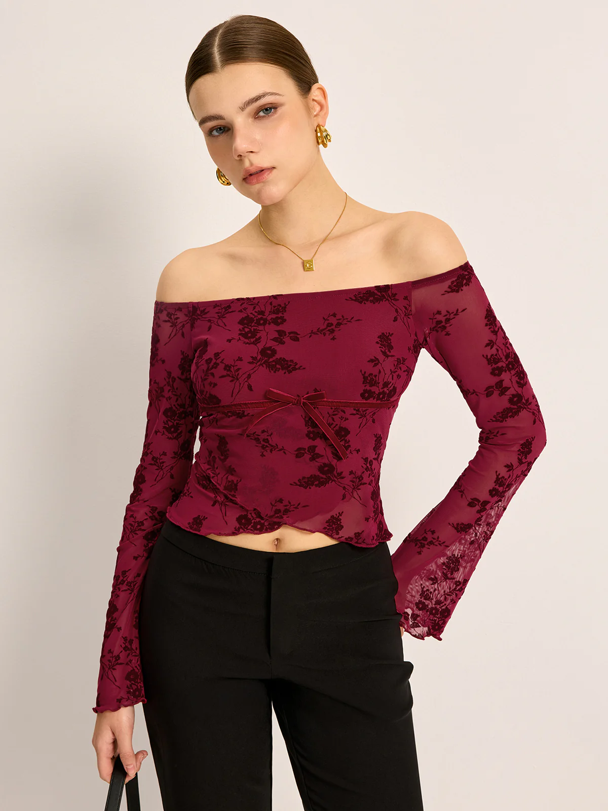Off-Shoulder Floral Print Semi-Sheer T-Shirt - Takermore