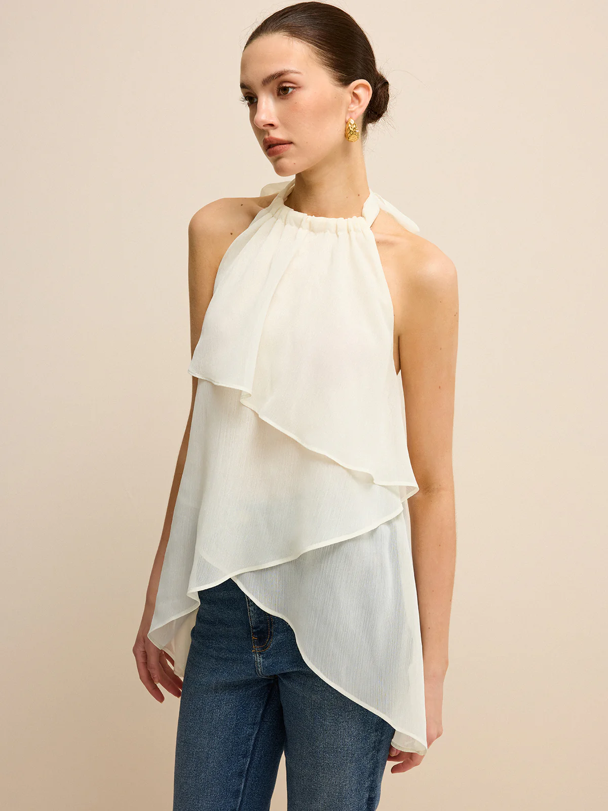 Semi-Sheer Layered Asymmetric Halter Chiffon Top - Takermore