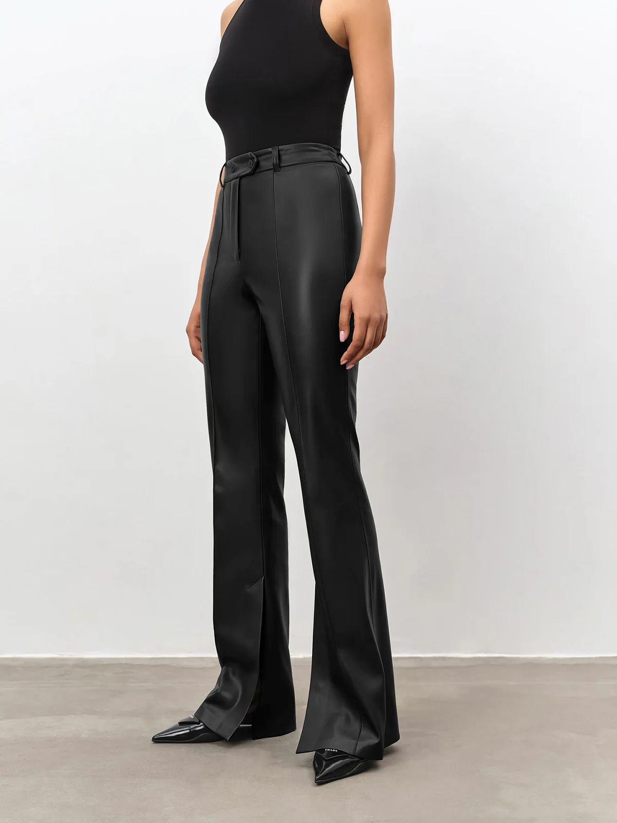 High Waisted Leather Straight Leg Flare Pants - Takermore