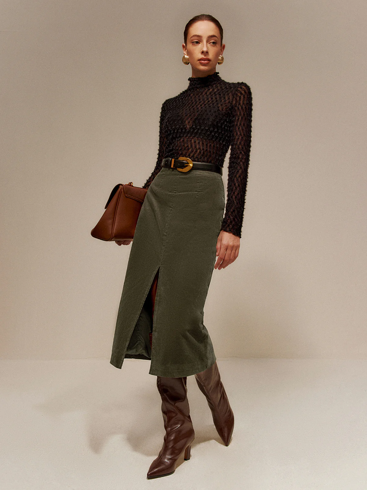 Split Front Corduroy Skirt Without Belt - Takermore