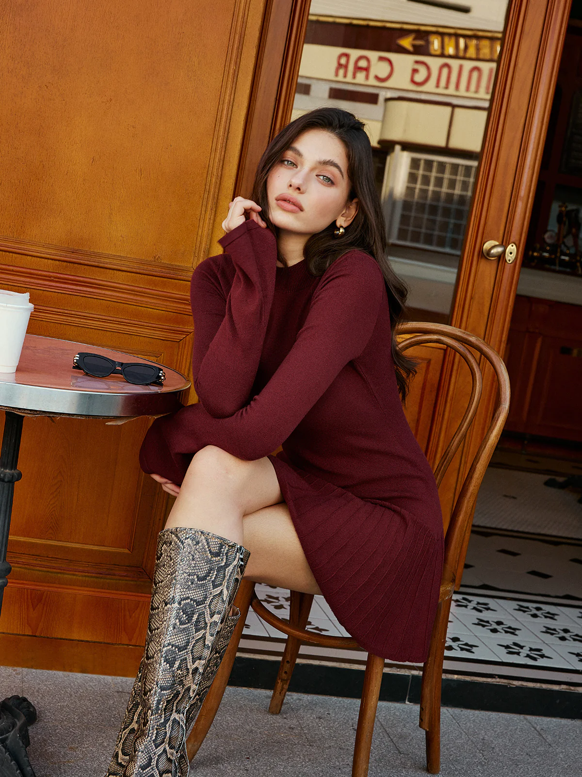 Bell Sleeve Pleated Sweater Short Dress - Takermore