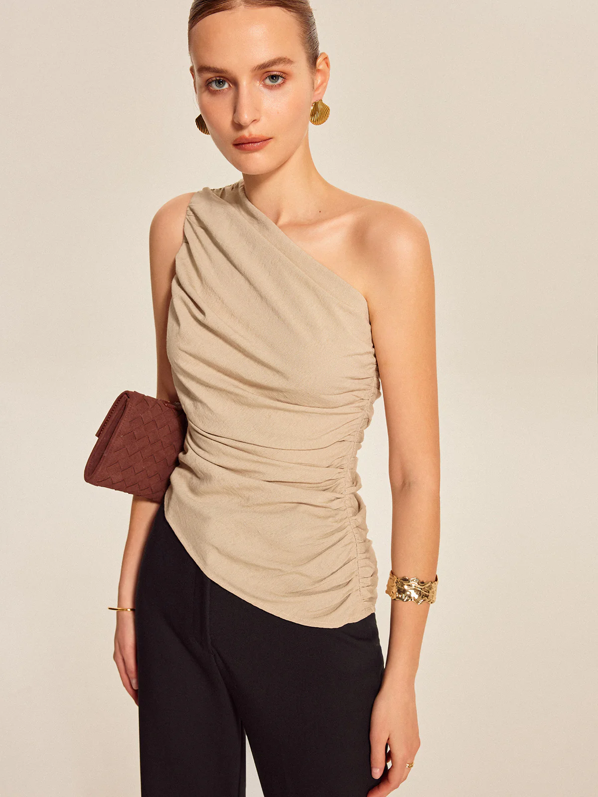 Ruched Side One-Shoulder Top - Takermore