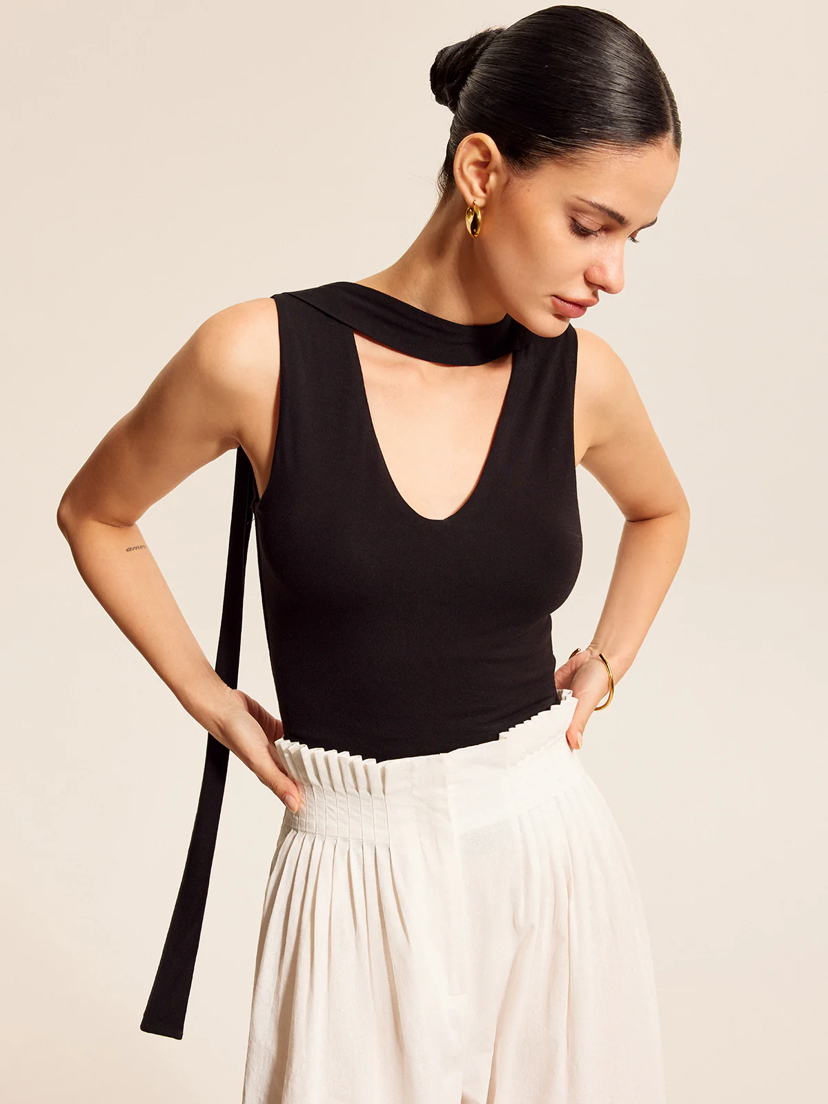 V-Neck Top With Scarf-Style Neck Tie - Takermore