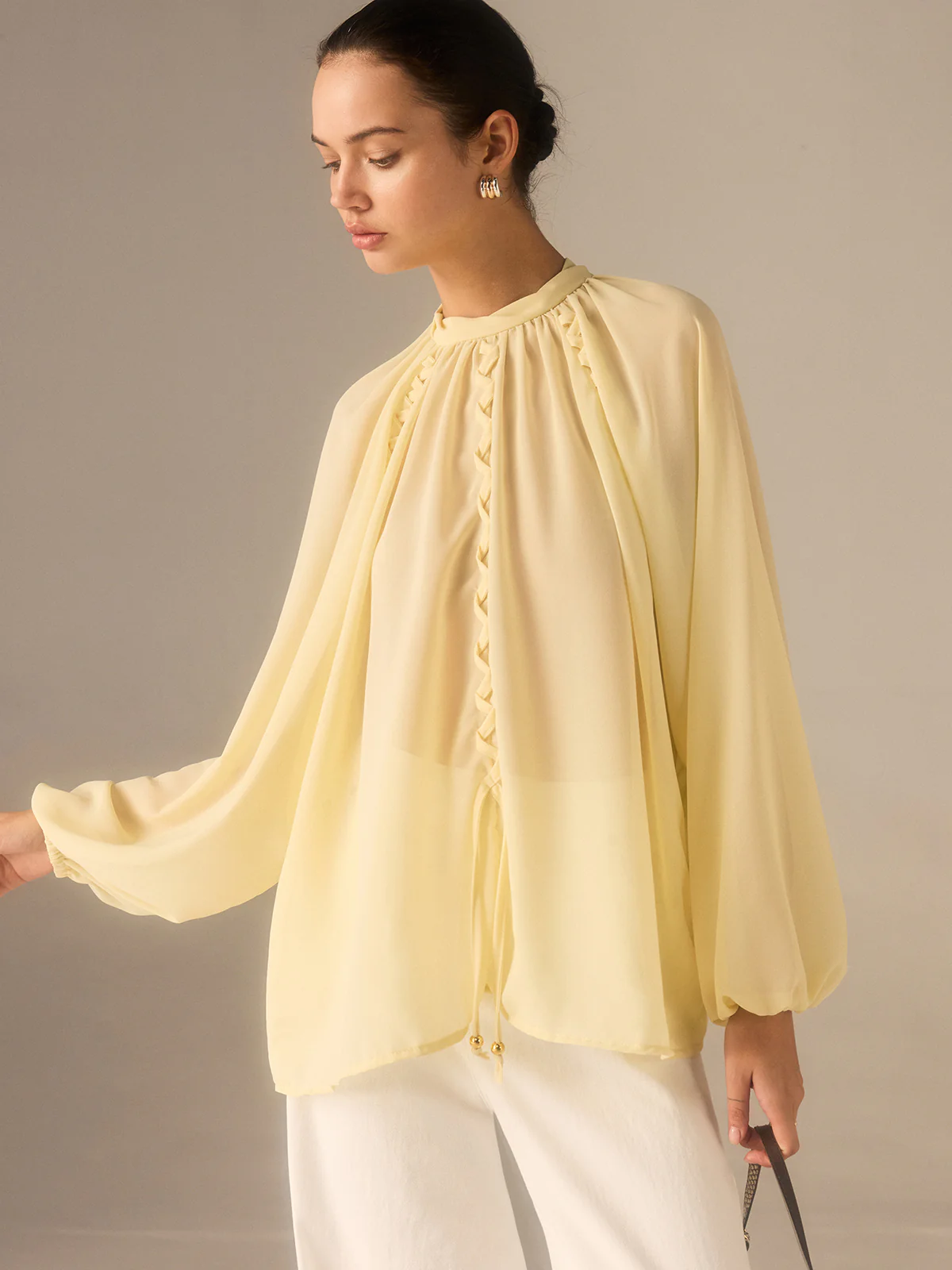 Semi-Sheer Chiffon Stand Collar Blouse with Braided Detail - Takermore