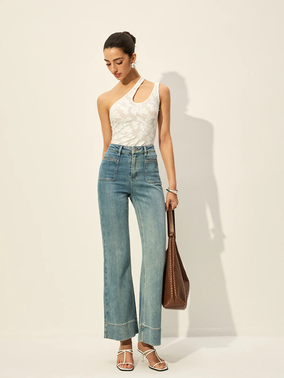 Semi-Sheer One-Shoulder Asymmetrical Cut-Out Embroidery Tank Top - Takermore