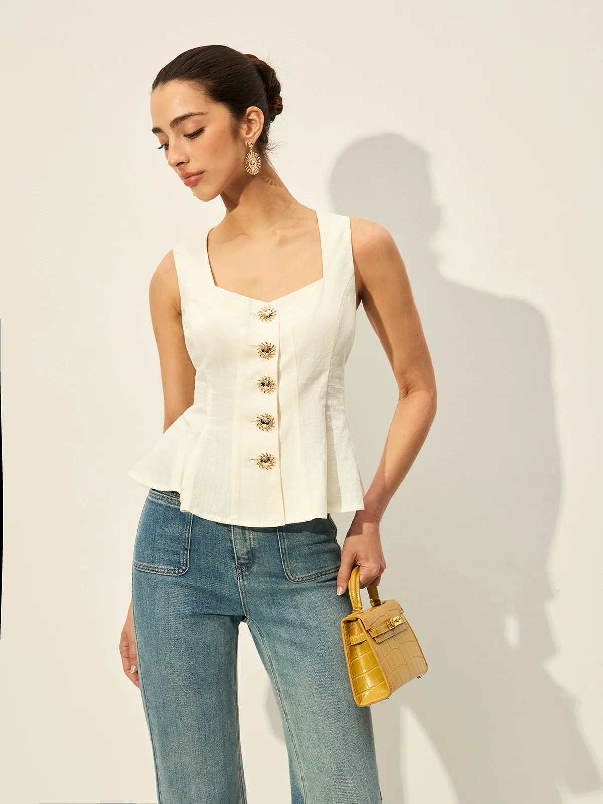 Square Neck Button-Front Peplum Top - Takermore