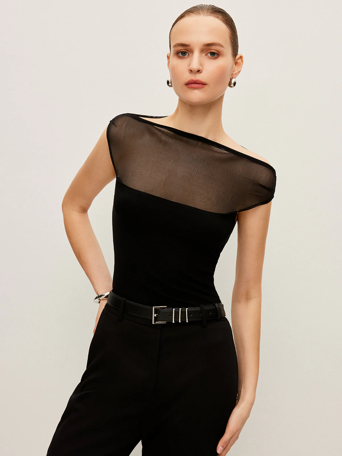 Semi-Sheer Mesh Panel Boat Neck T-Shirt - Takermore