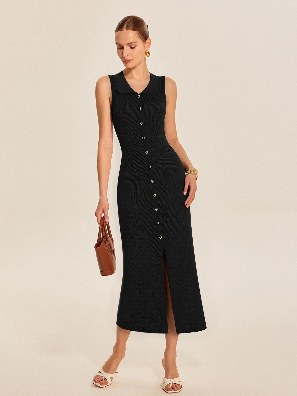 Ribbed Knit Button-Down Midi Dress - Takermore
