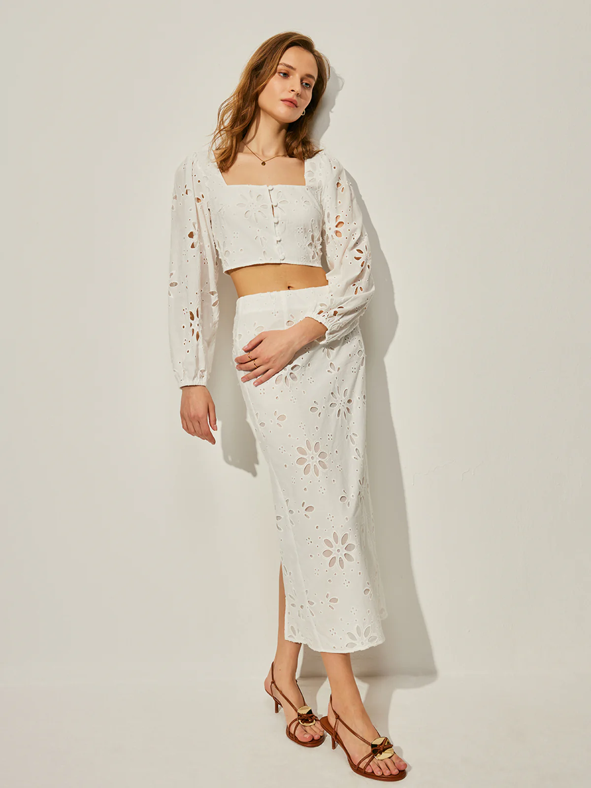 Cotton Hollow Floral Skirt Set - Takermore