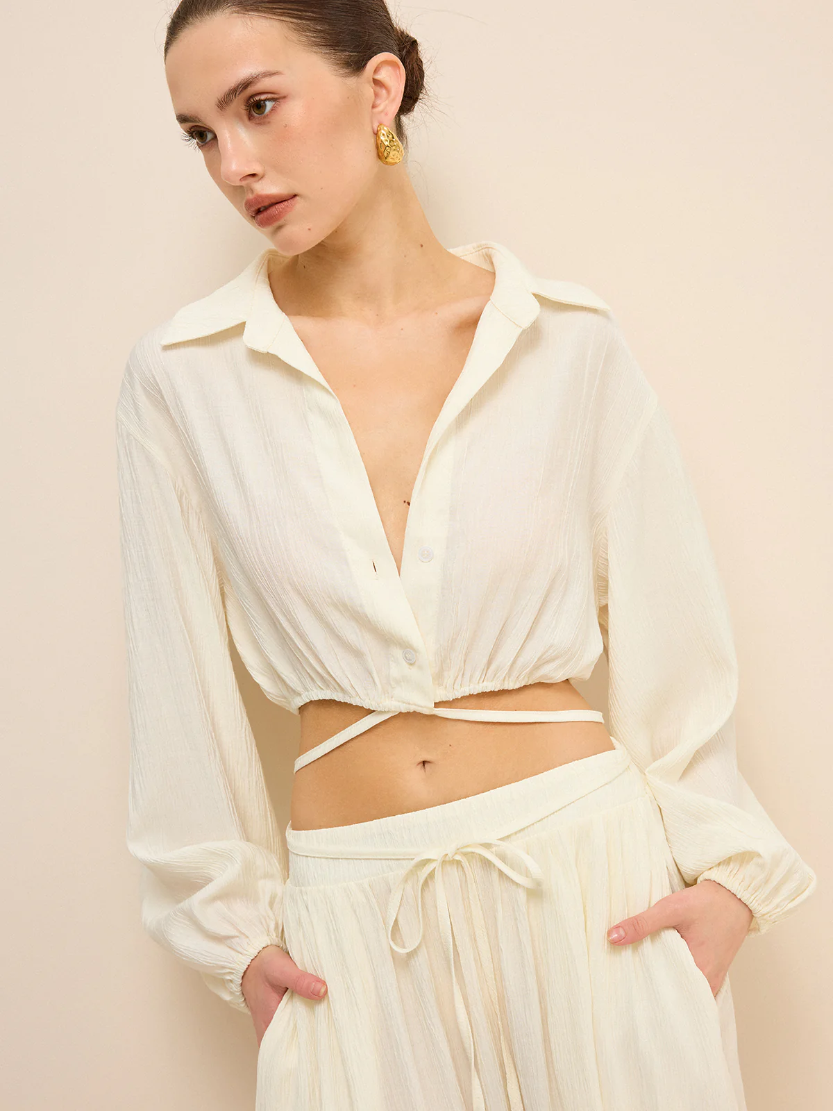 Cropped Shirt with Crisscross Tie-Back - Takermore