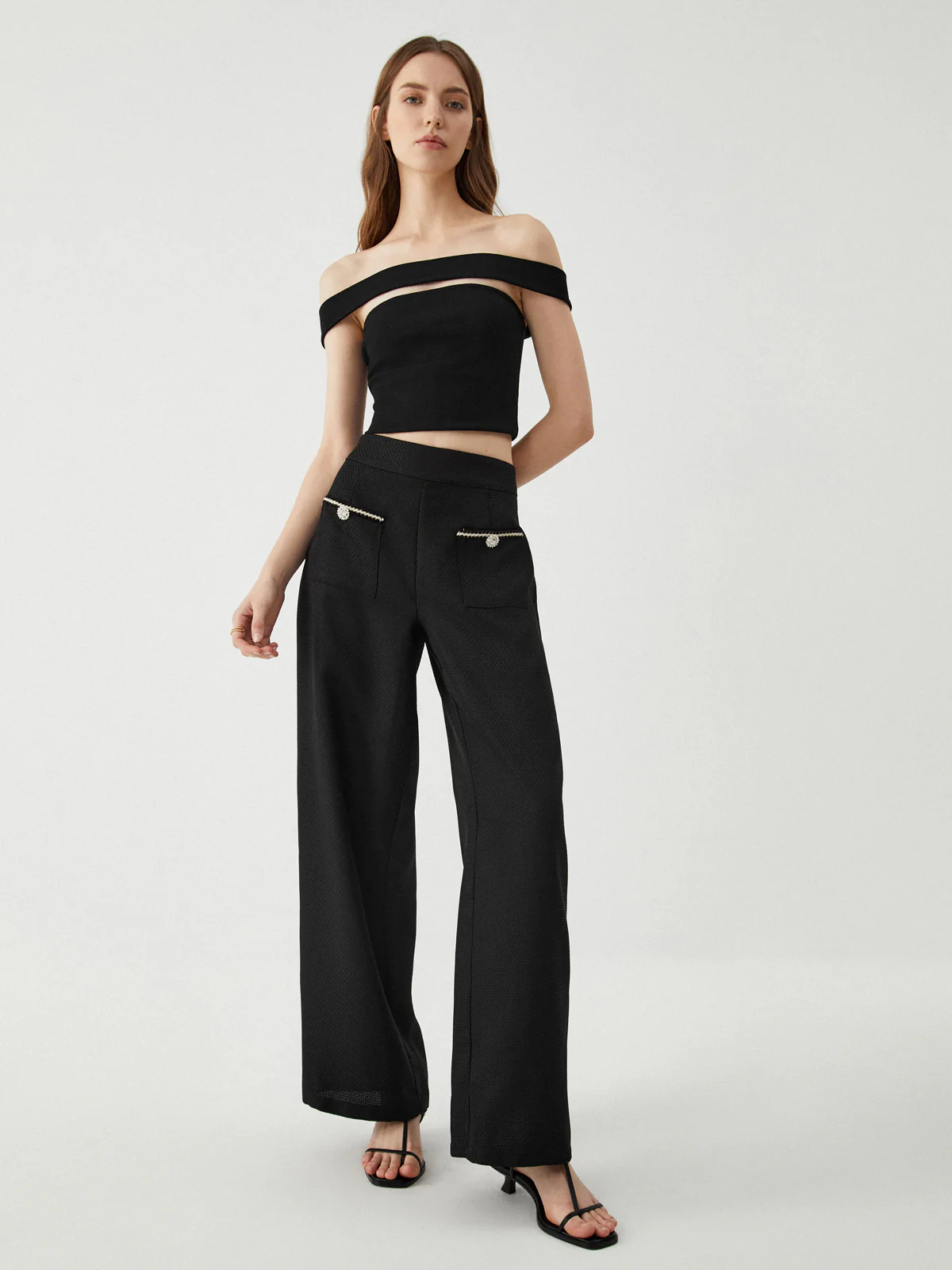 Contrast Trim Pocket Wide Leg Pants - Takermore