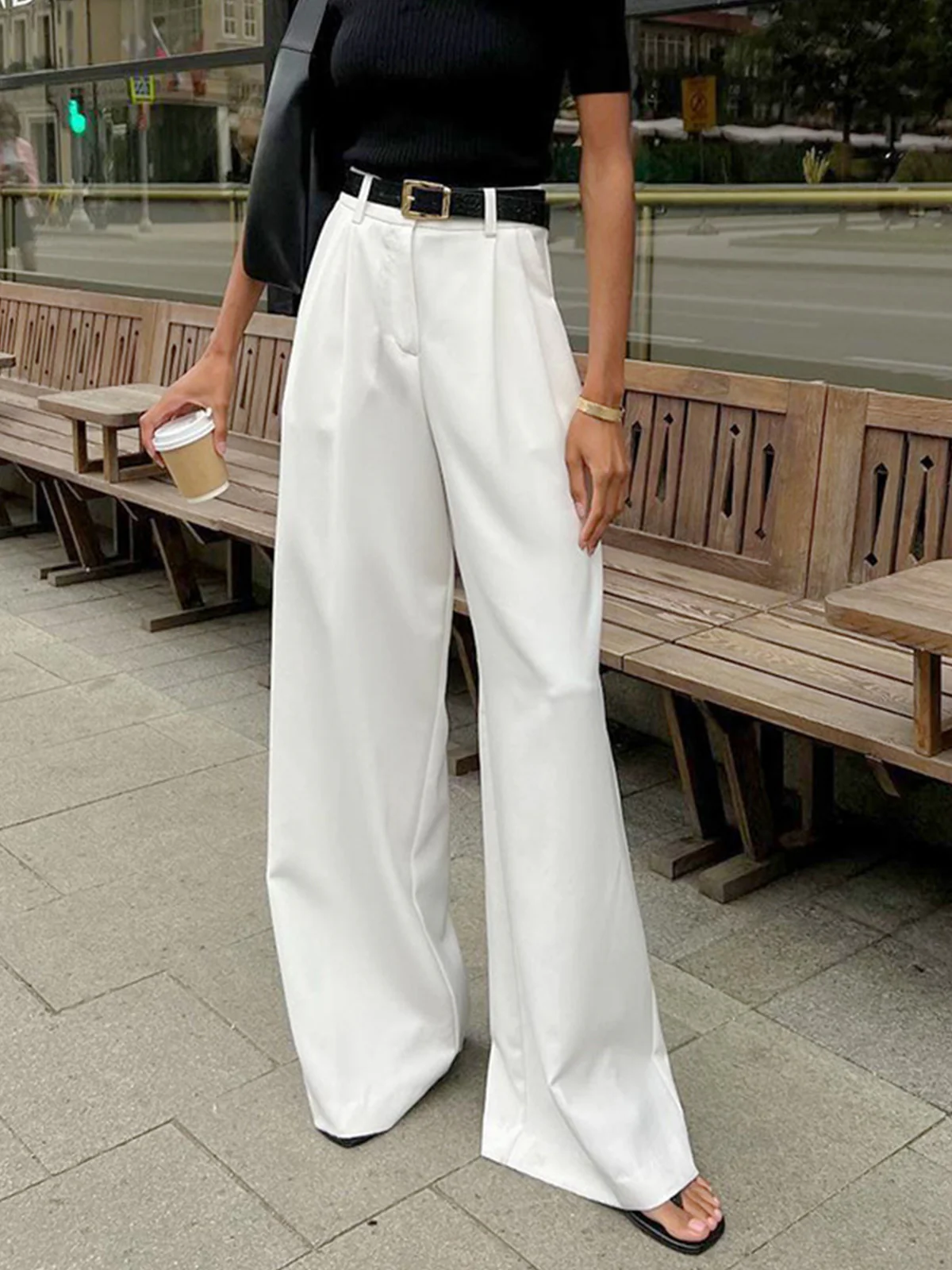 Solid Wide Leg Pants Without Belt - Takermore