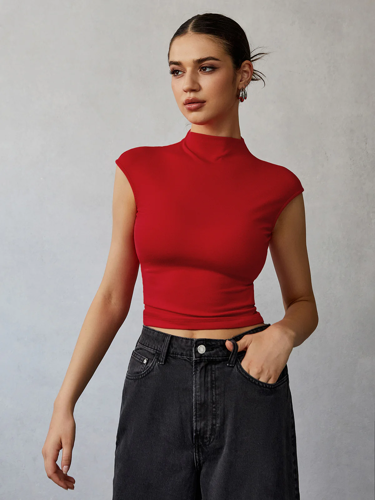 Mock Neck Cap Sleeve T-Shirt - Takermore