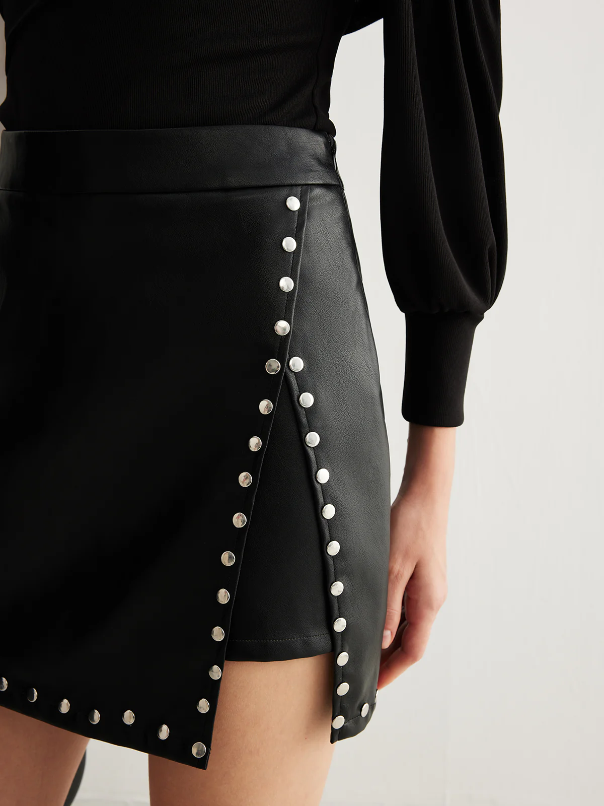 Slit Studded Faux Leather Mini Skirt - Takermore