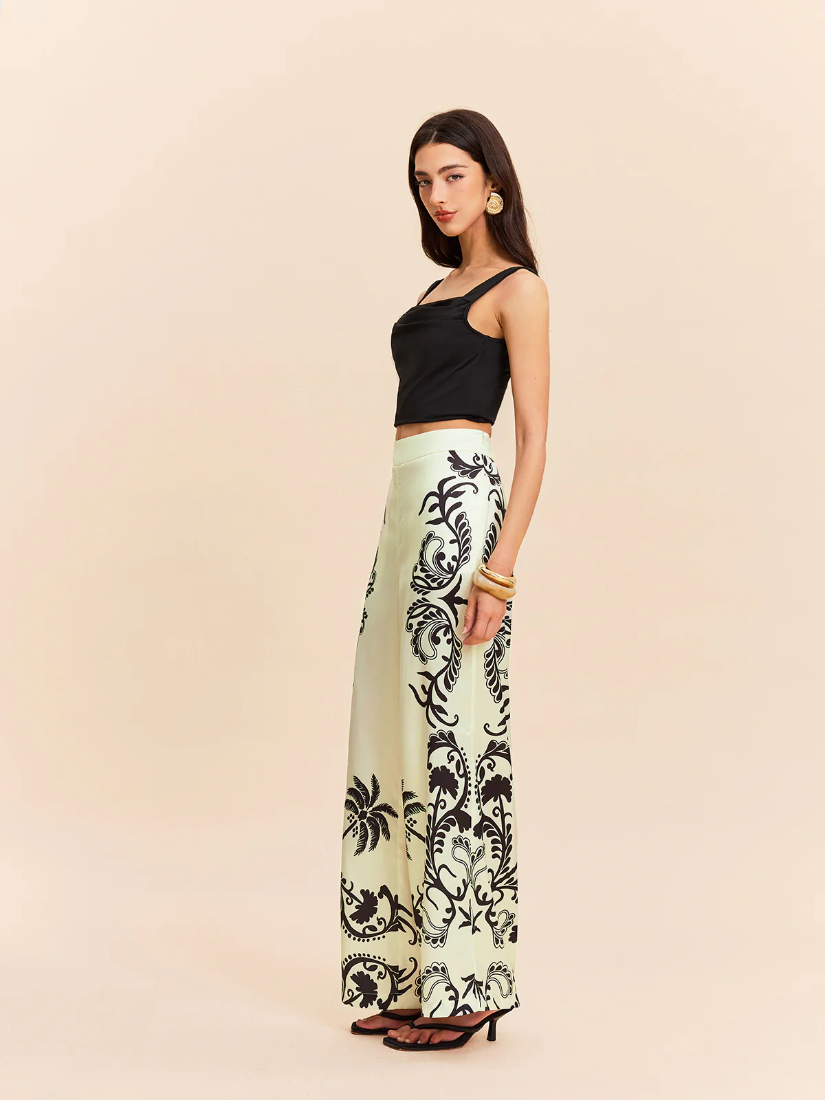 High-Waist Tropical Print Satin Pants - Takermore