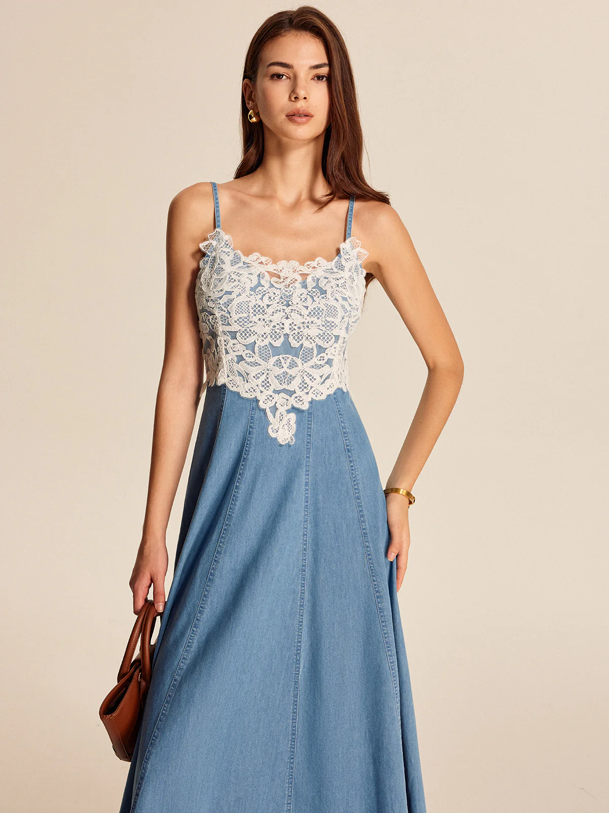 Lace Panel Denim Cami Dress - Takermore