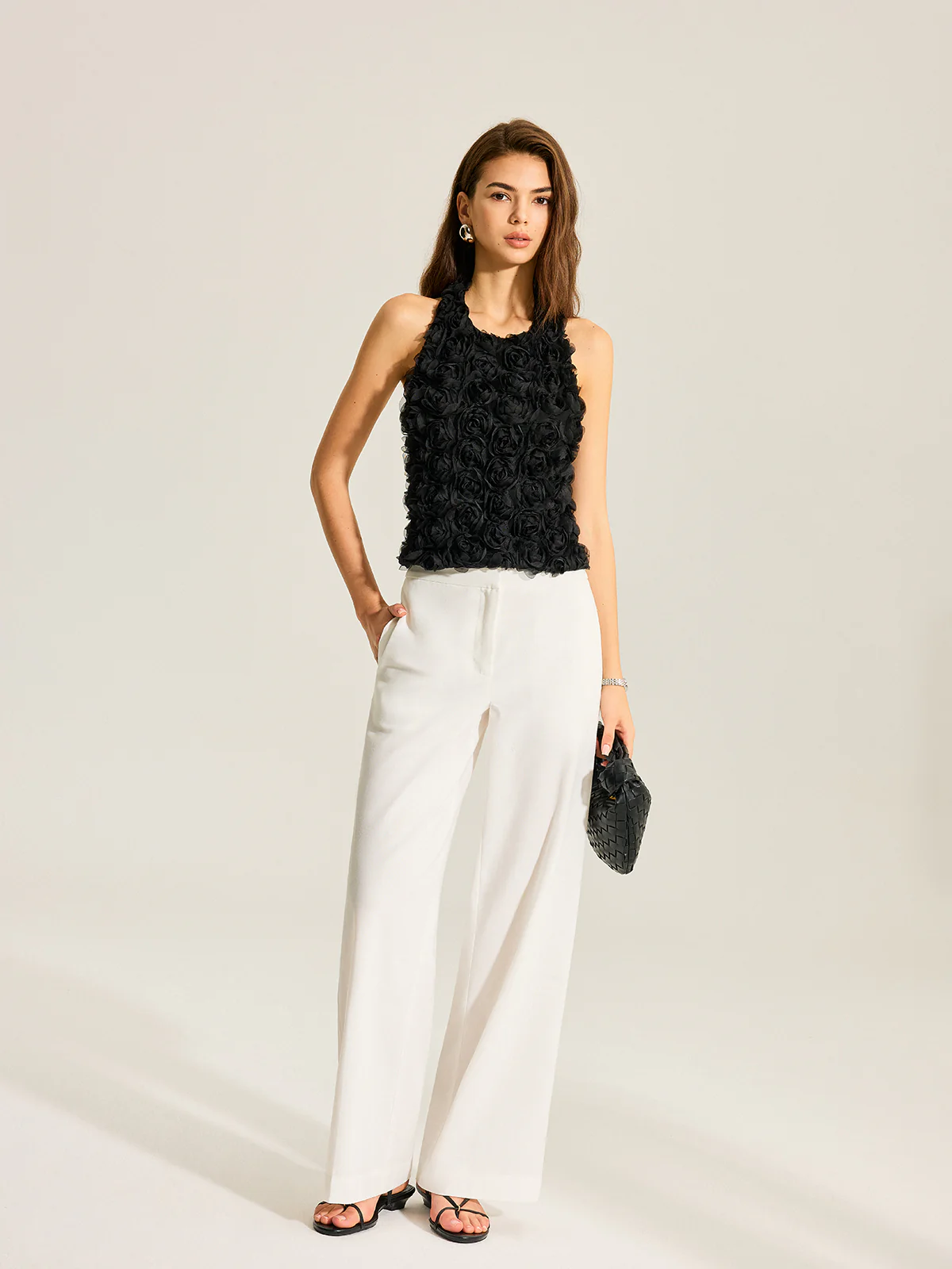 3D Floral Backless Bow Halter Top - Takermore