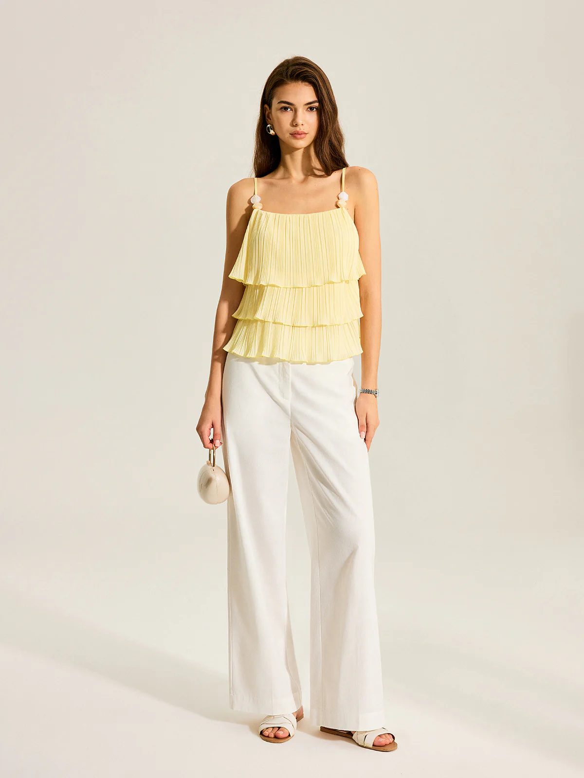 Beaded Strap Tiered Pleated Cami Top - Takermore