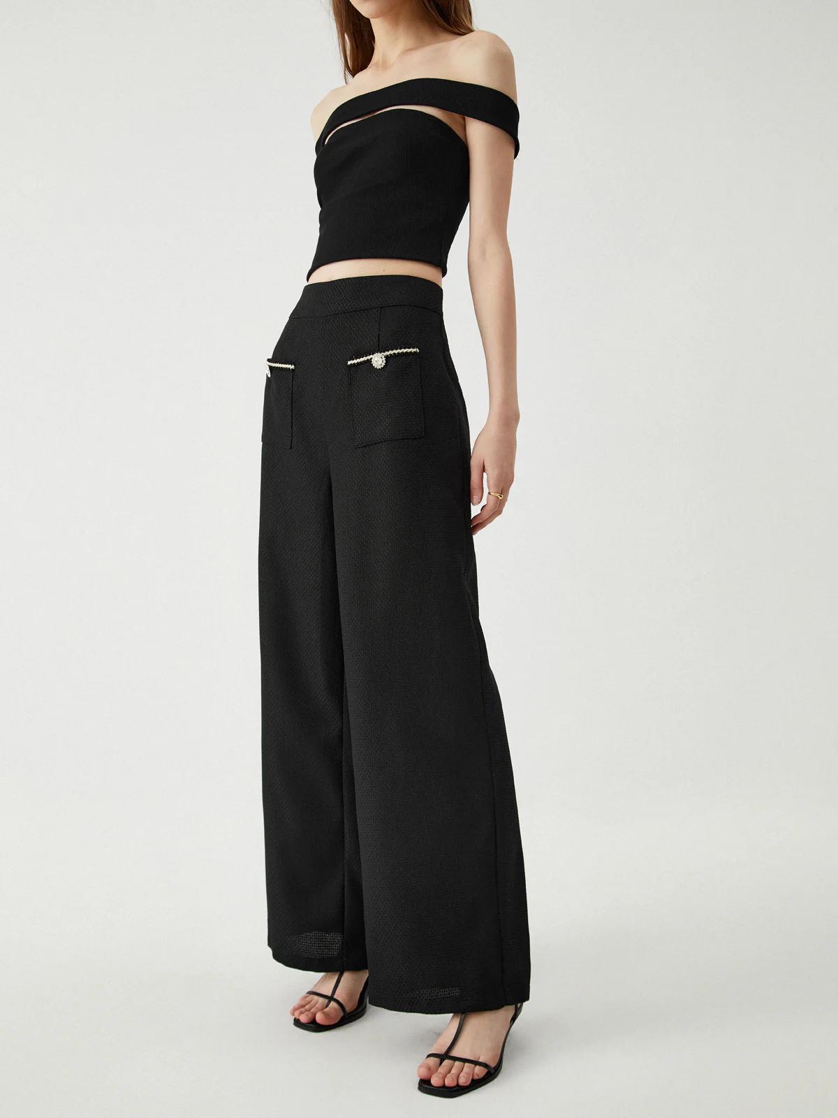 Contrast Trim Pocket Wide Leg Pants - Takermore