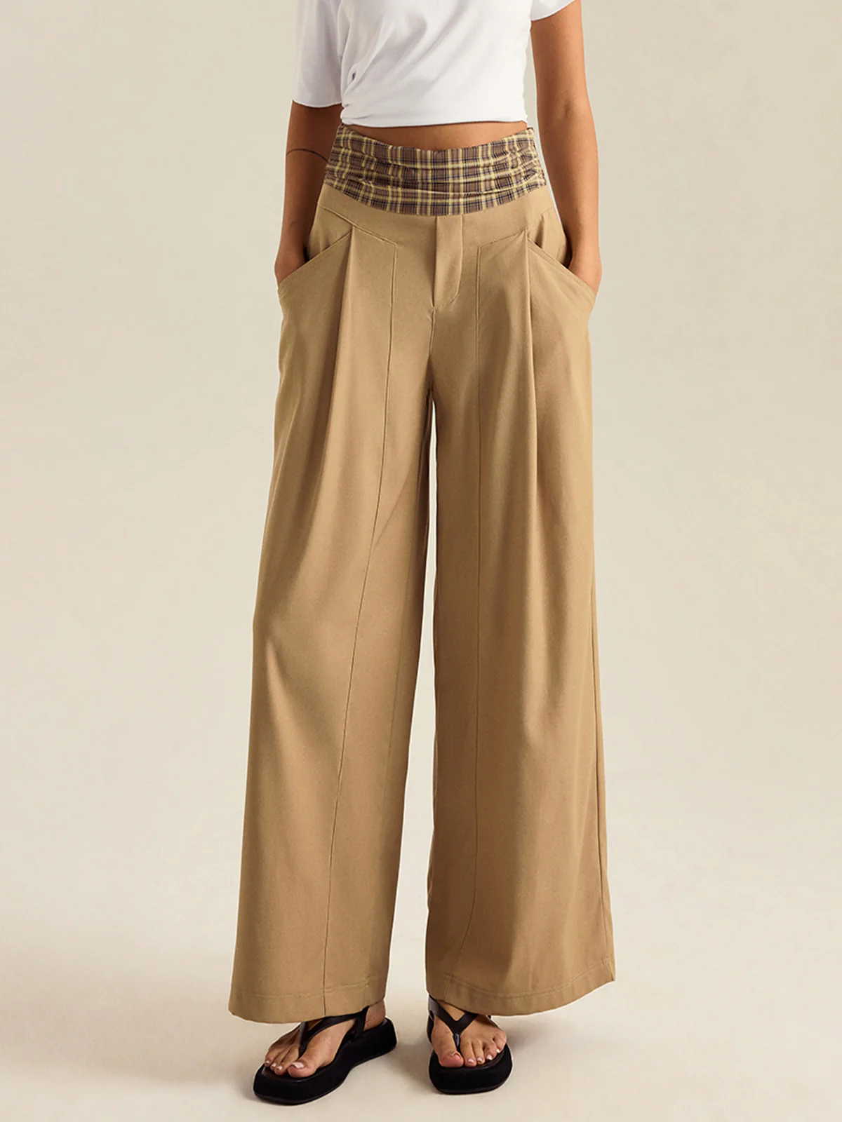 Pocketed Gingham Wide-Leg Pants - Takermore