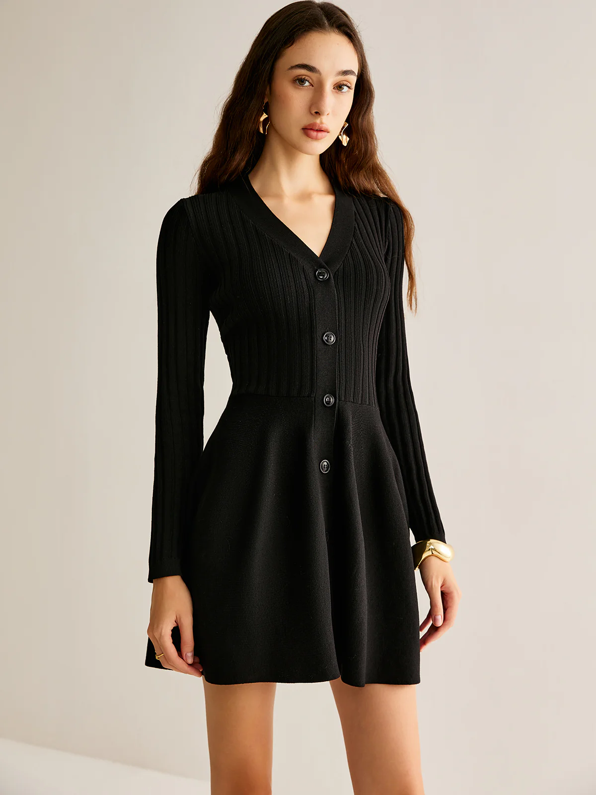 Breasted Flowy Sweater Short Dress - Takermore
