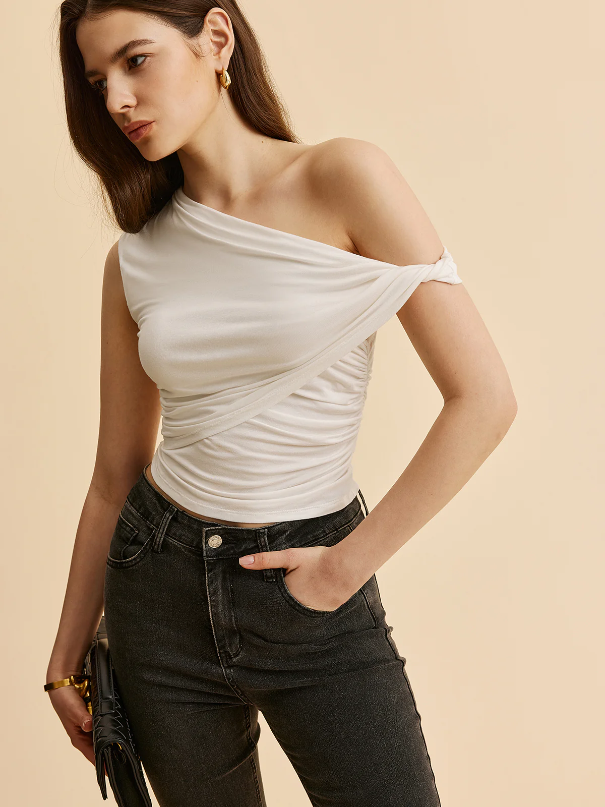 Asymmetrical Ruched One-Shoulder Top - Takermore