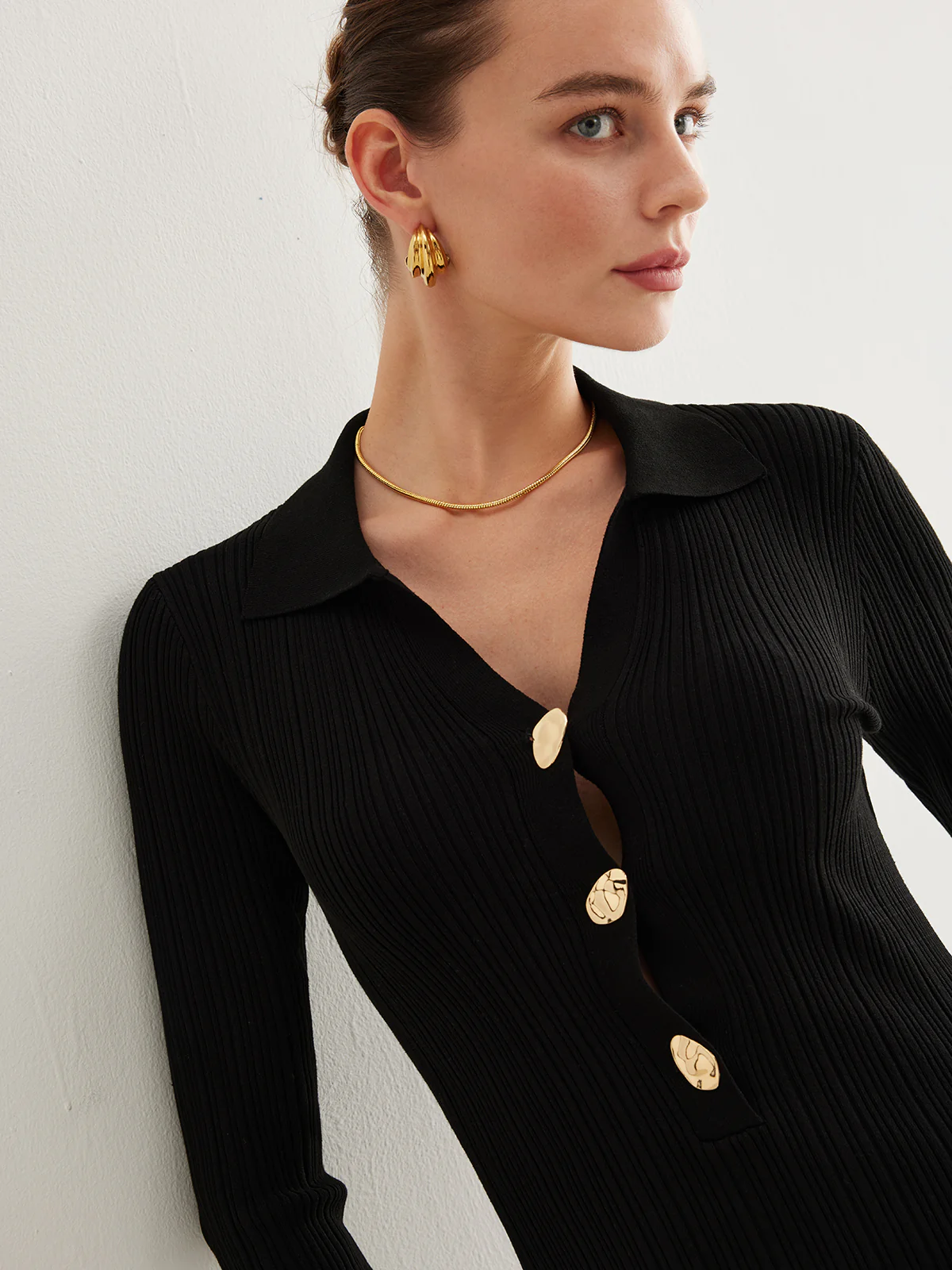 Metal-Button Bell-Sleeve Sweater Long Dress - Takermore